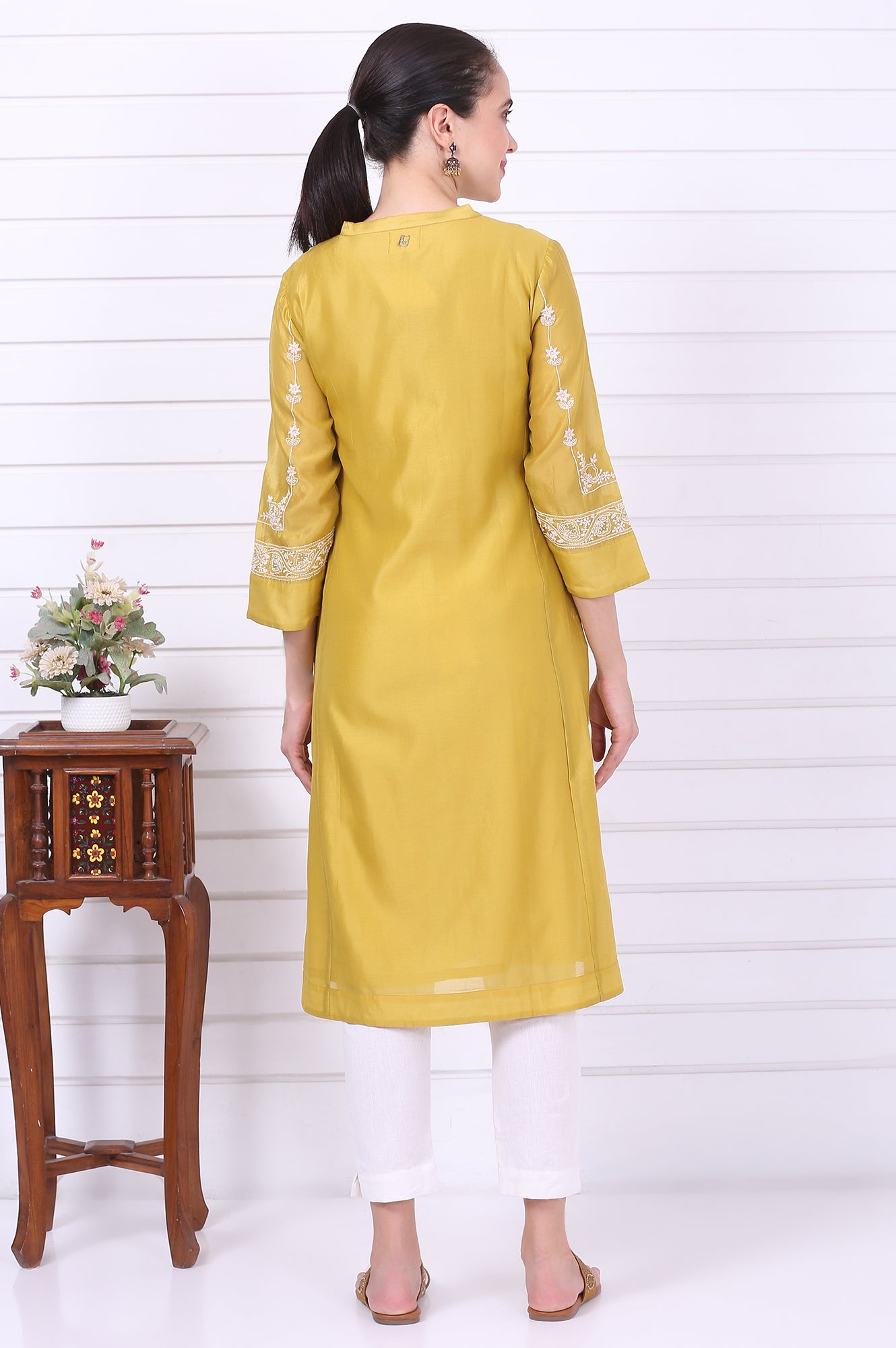 Yellow Chikankari Embroidered Cotton Silk Straight Kurta
