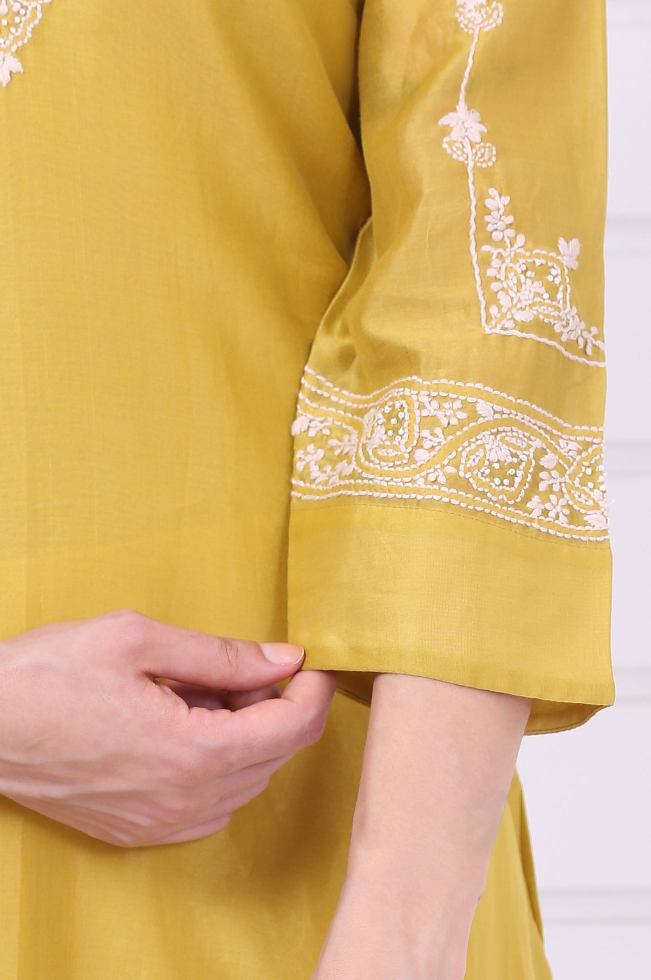 Yellow Chikankari Embroidered Cotton Silk Straight Kurta