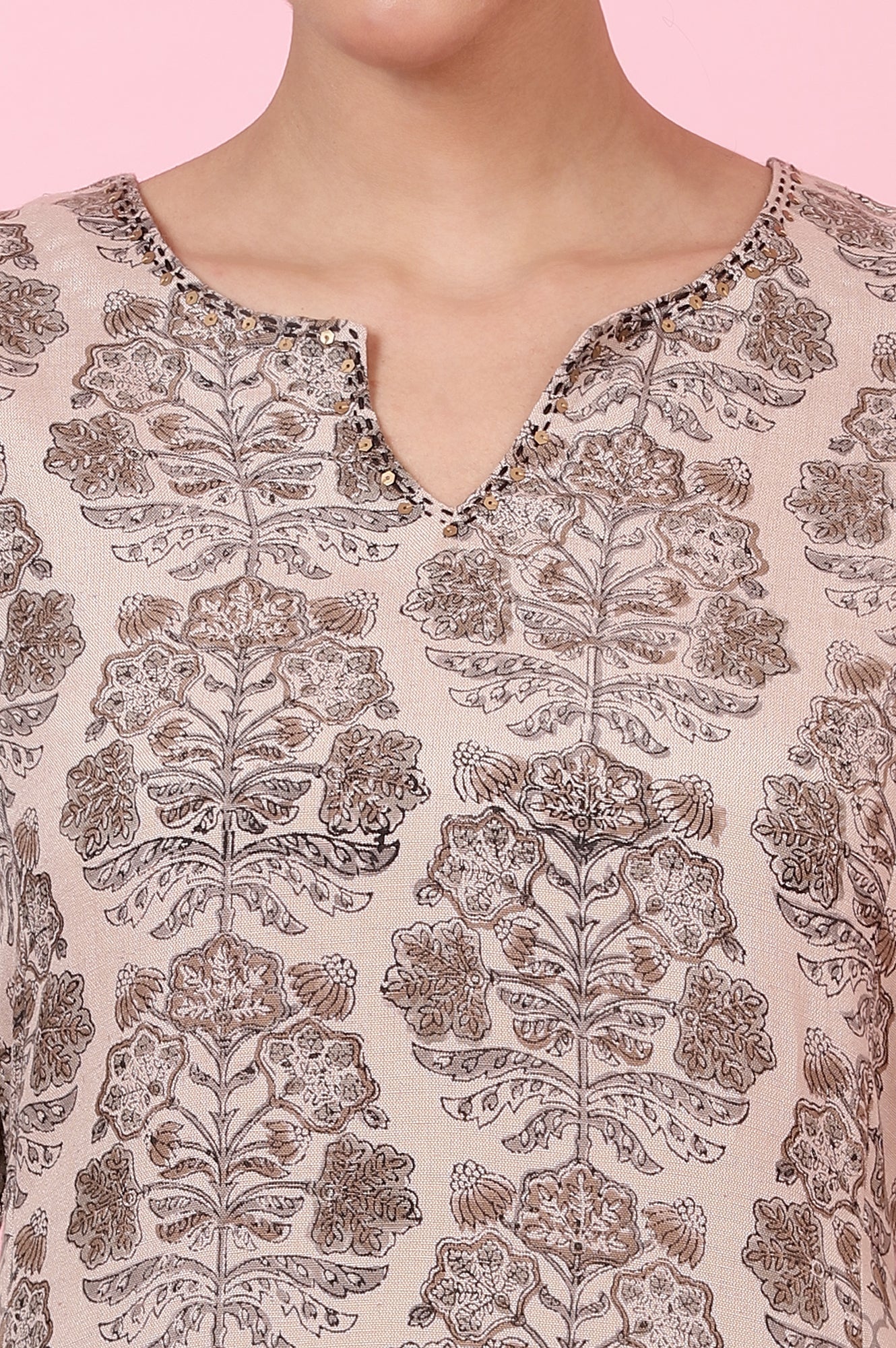 Light Beige Handblock Printed Kurta in Rayon Flax