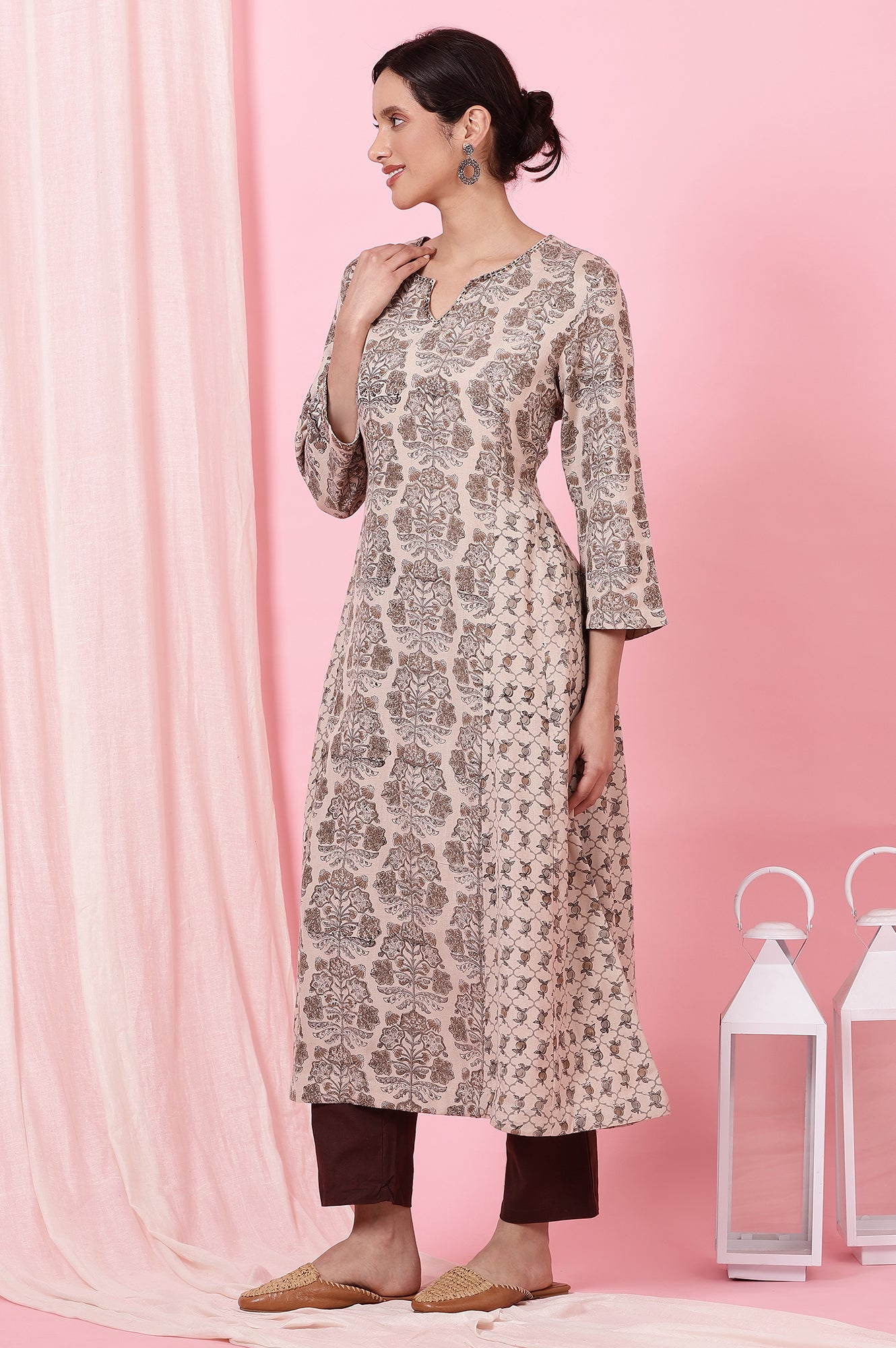 Light Beige Handblock Printed Kurta in Rayon Flax