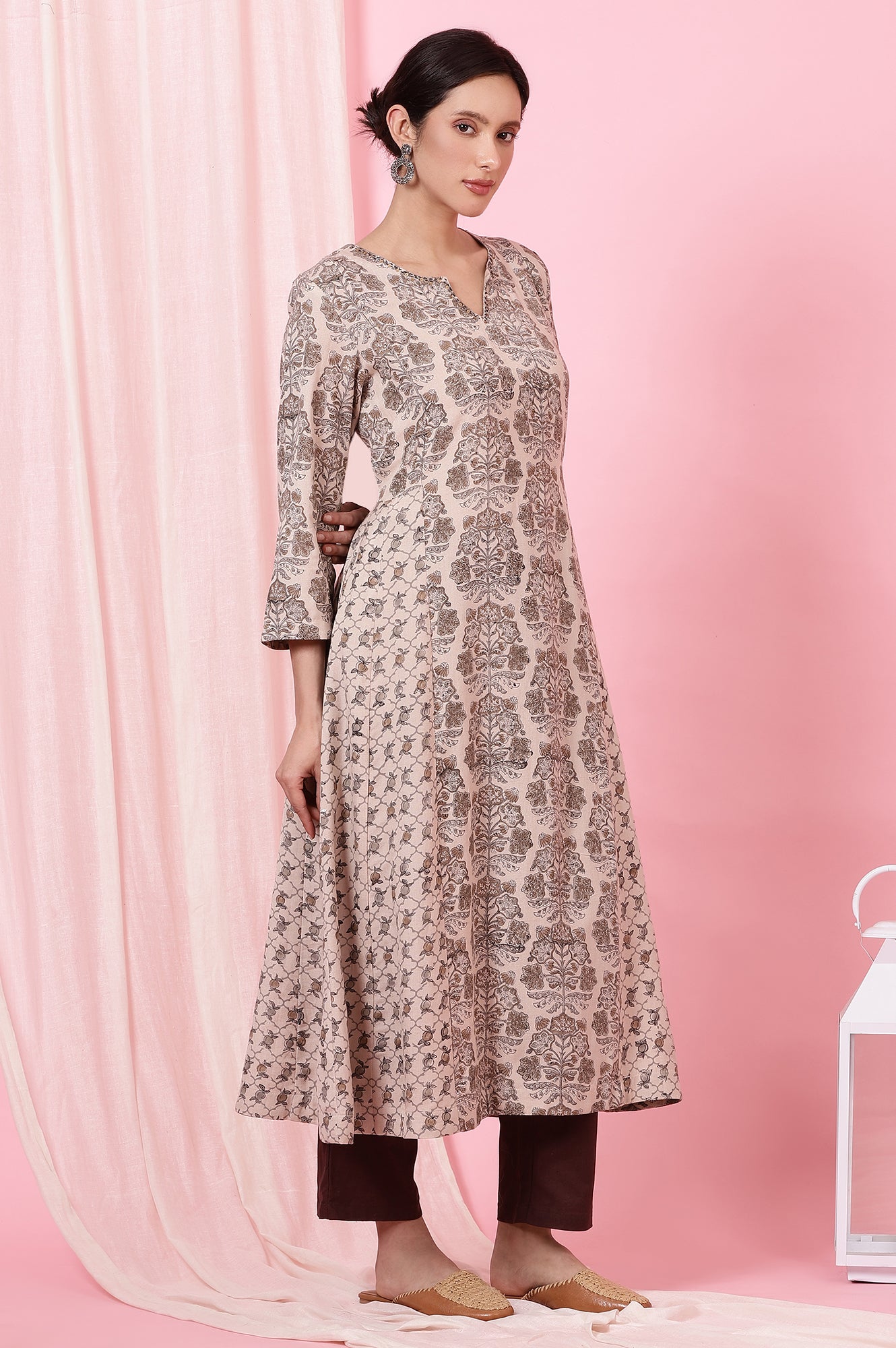 Light Beige Handblock Printed Kurta in Rayon Flax
