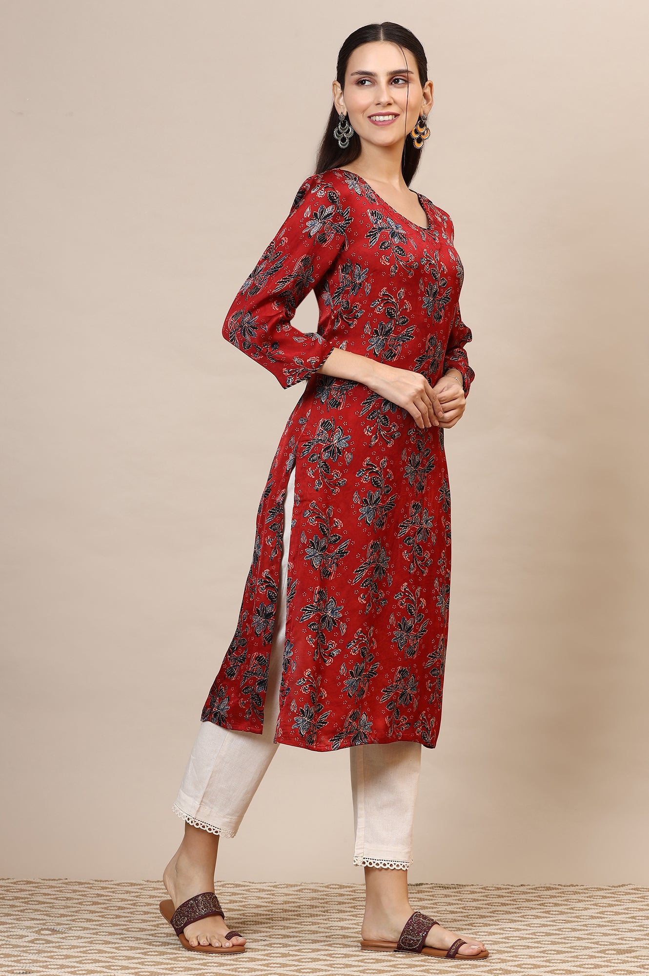 Red Handblock Ajrakh Printed Kurta in Lustrous Modal Satin