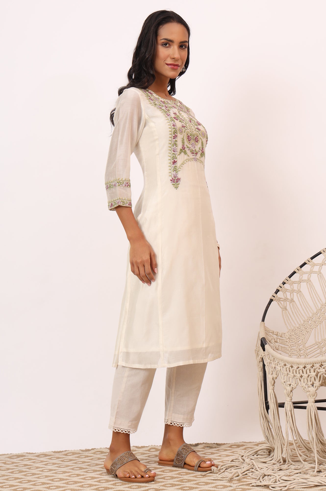 Ecru Multicoloured Chikankari Kurta in Cotton Silk