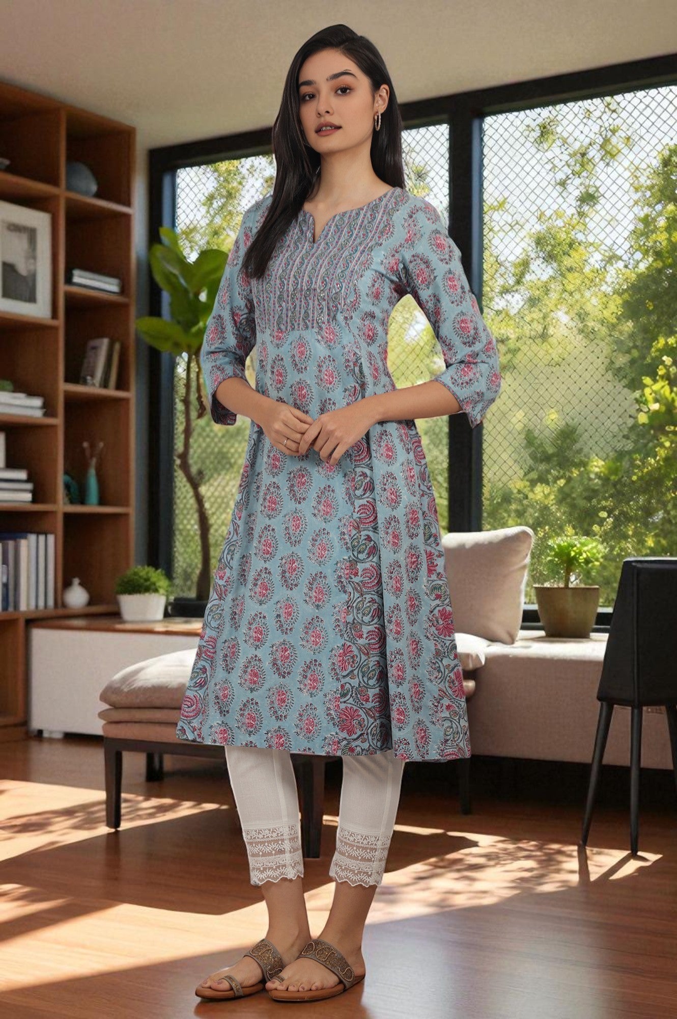 Blue Handblock Printed Flared Kurta in Fine Cotton