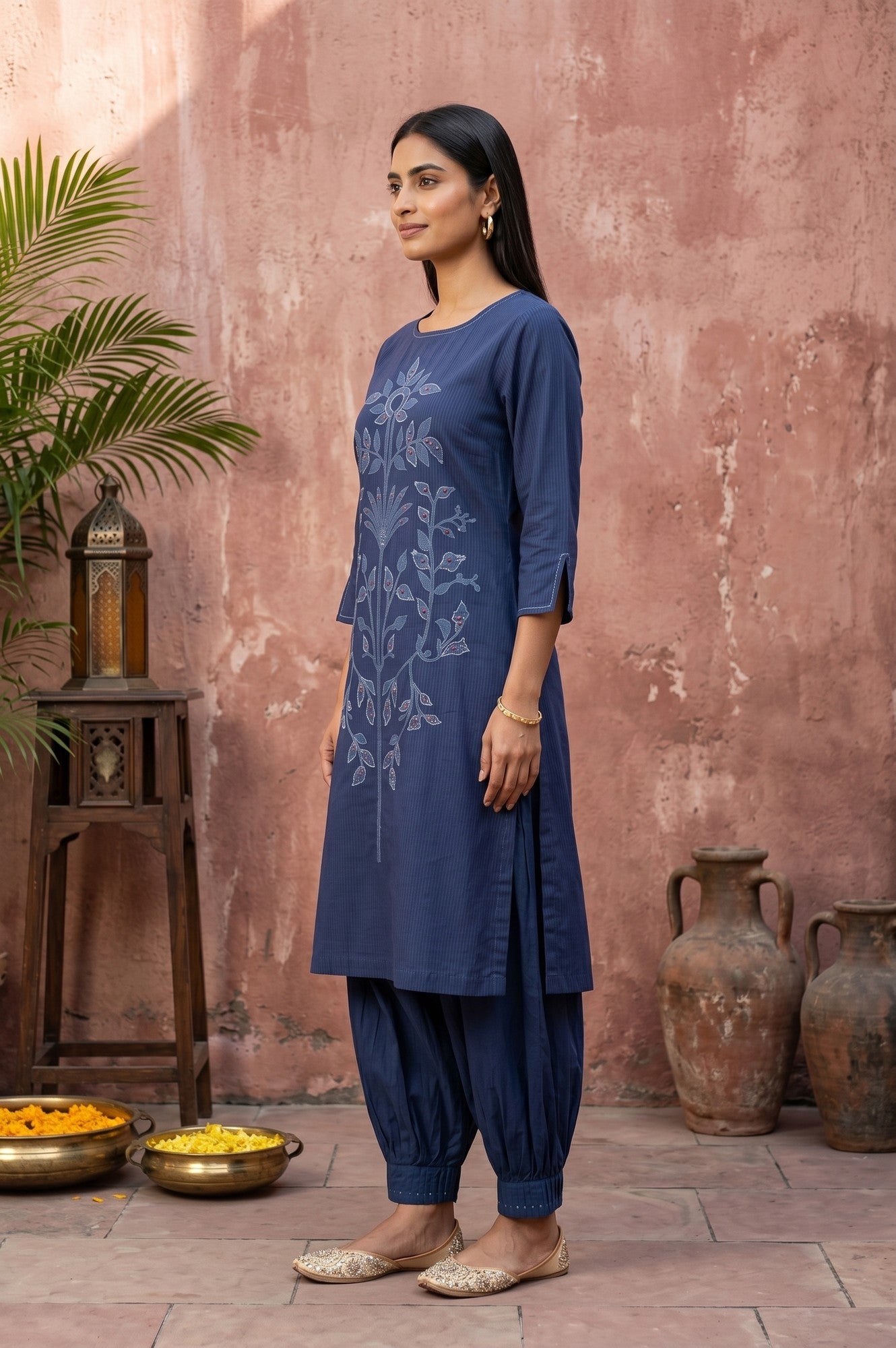 Navy Blue Embroidered Pure Cotton Straight Kurta