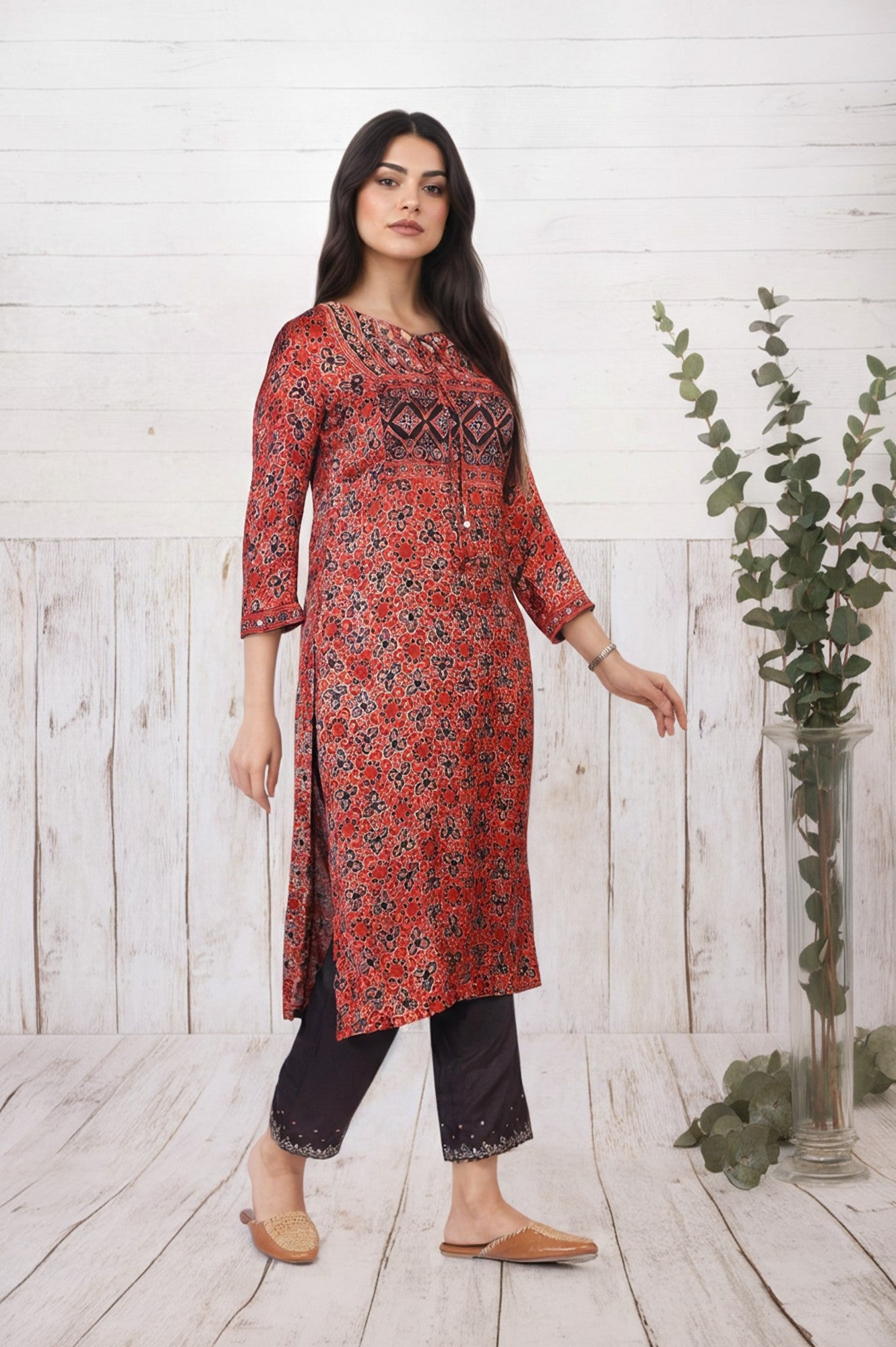 Red Ethnic Printed Mirror Work Straight Satin Kurta