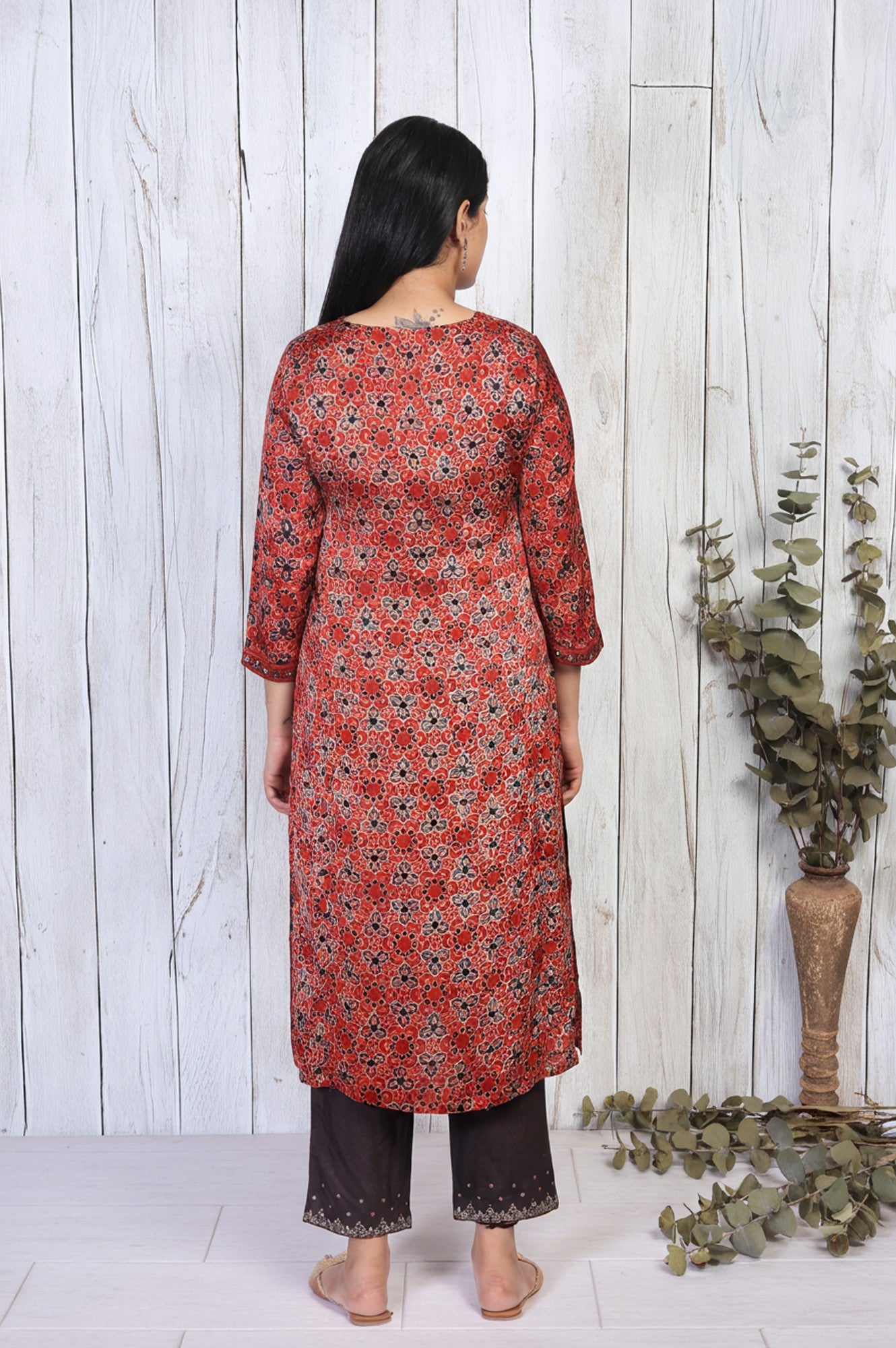 Red Ethnic Printed Mirror Work Straight Satin Kurta