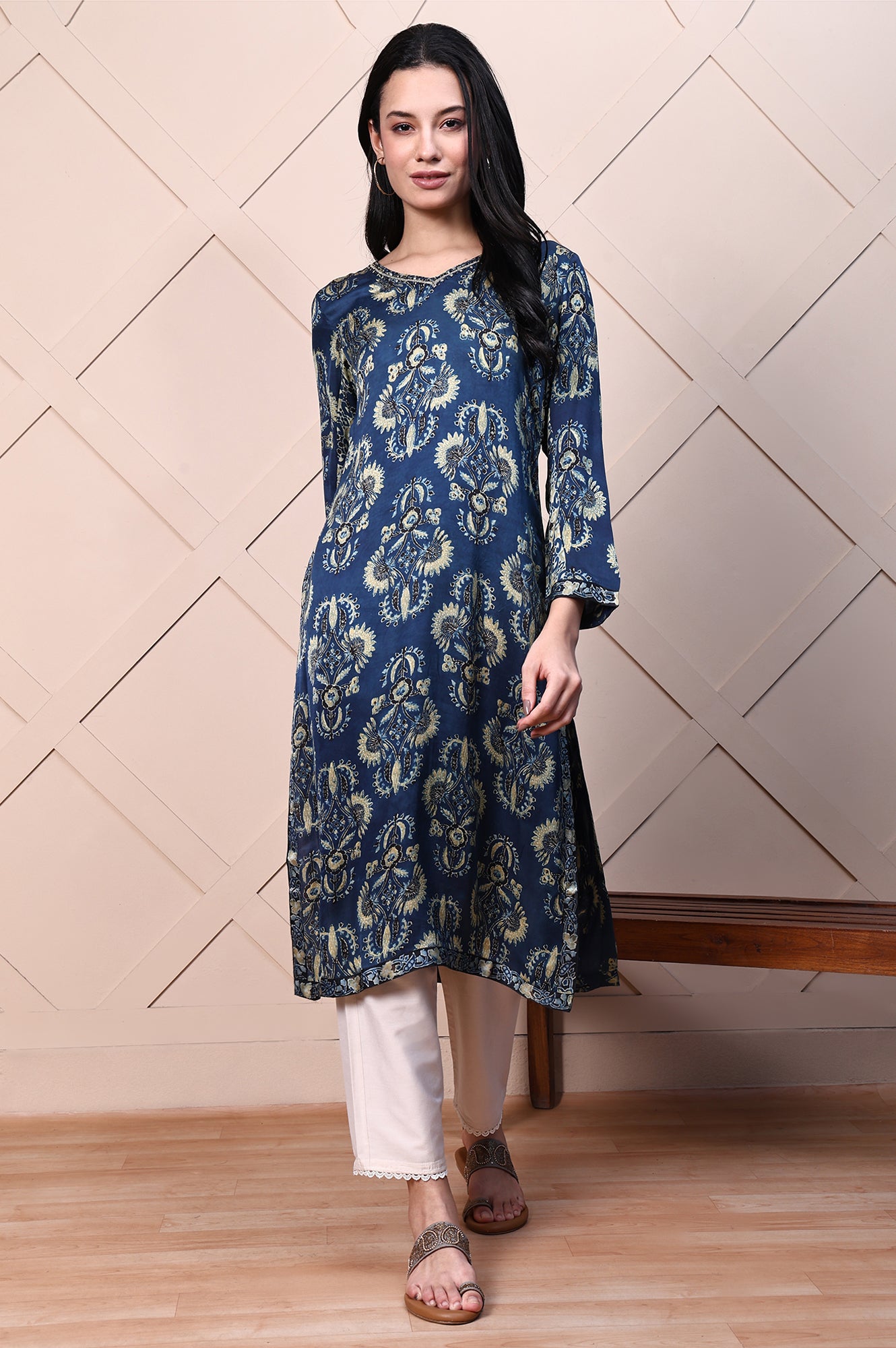 blue ajrak dress Midnight Blue Maroon Ivory Ajrak Dress With Gathers And Mandarin Colla   InduBindu