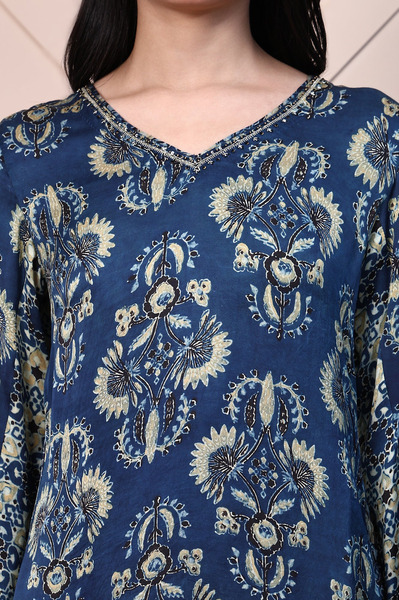 Blue Ajrak Printed Satin Straight Kurta with Sequin Work