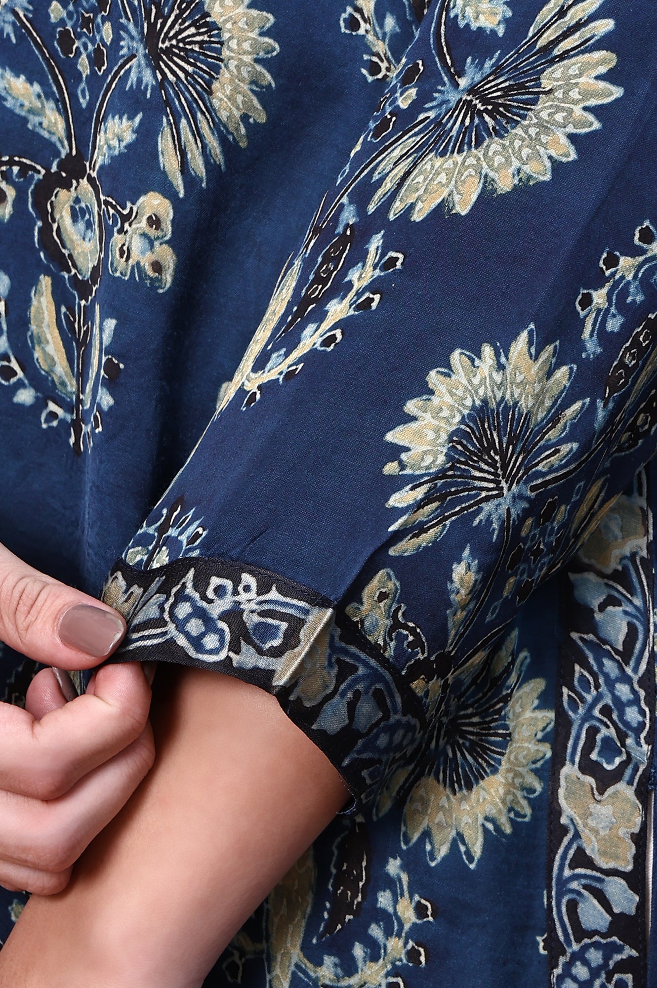 Blue Ajrak Printed Satin Straight Kurta with Sequin Work