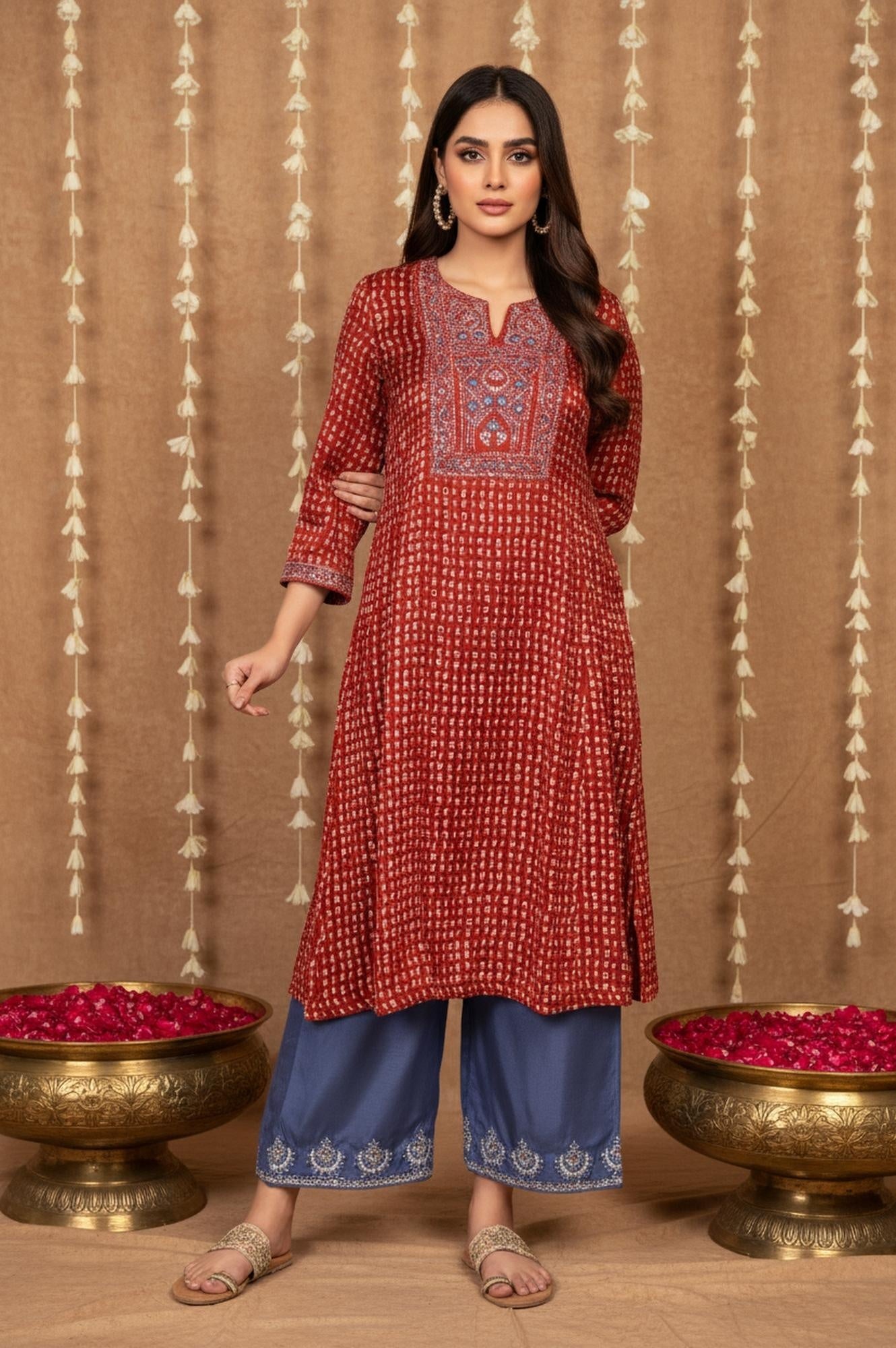 Red Floral Embroidered Straight Modal Satin Kurta