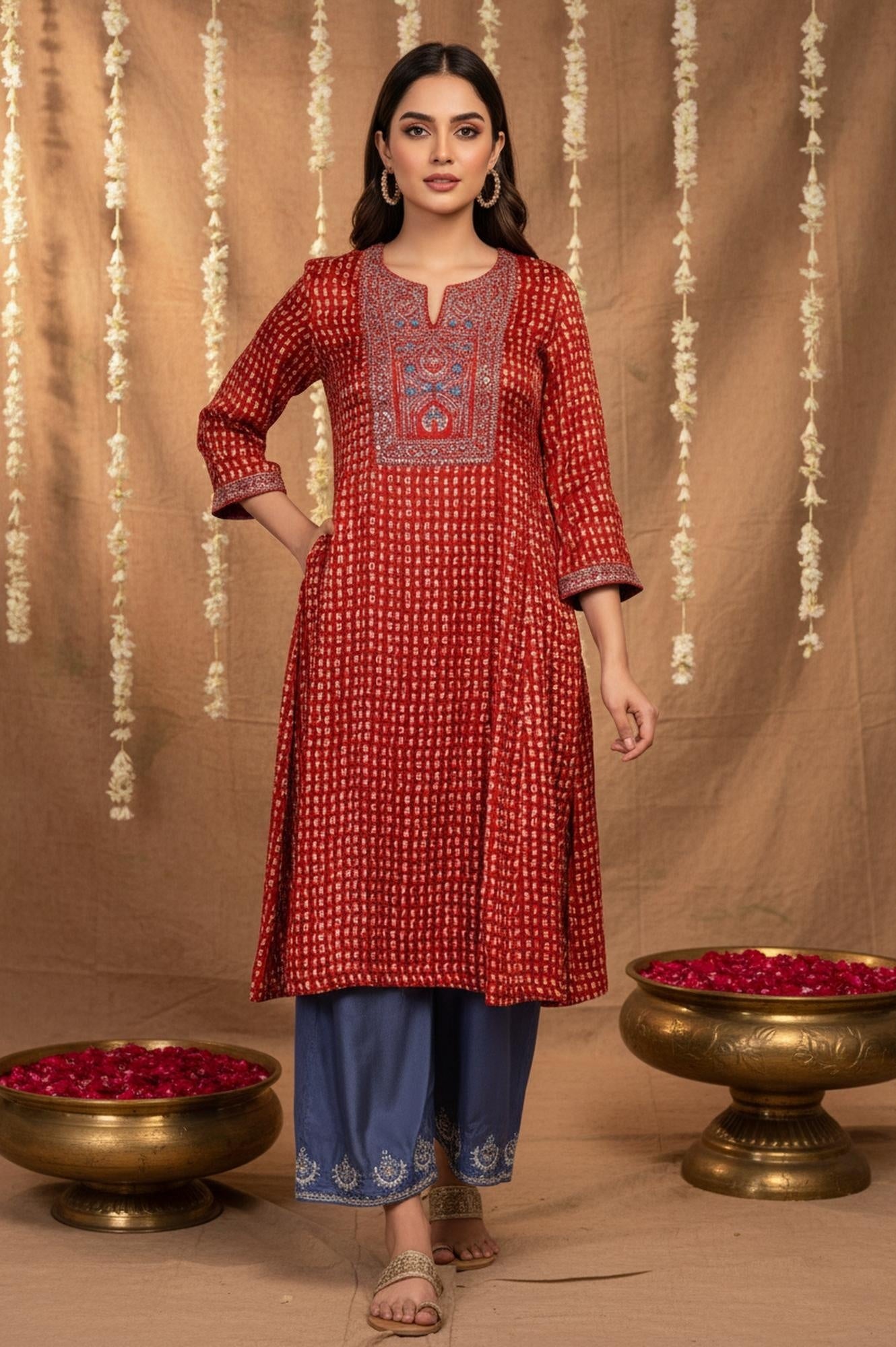 Red Floral Embroidered Straight Modal Satin Kurta