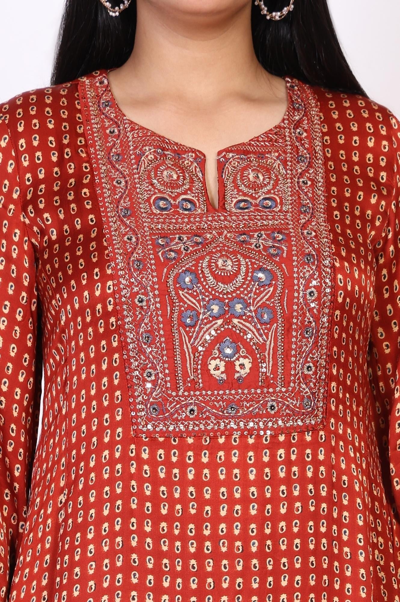 Red Floral Embroidered Straight Modal Satin Kurta