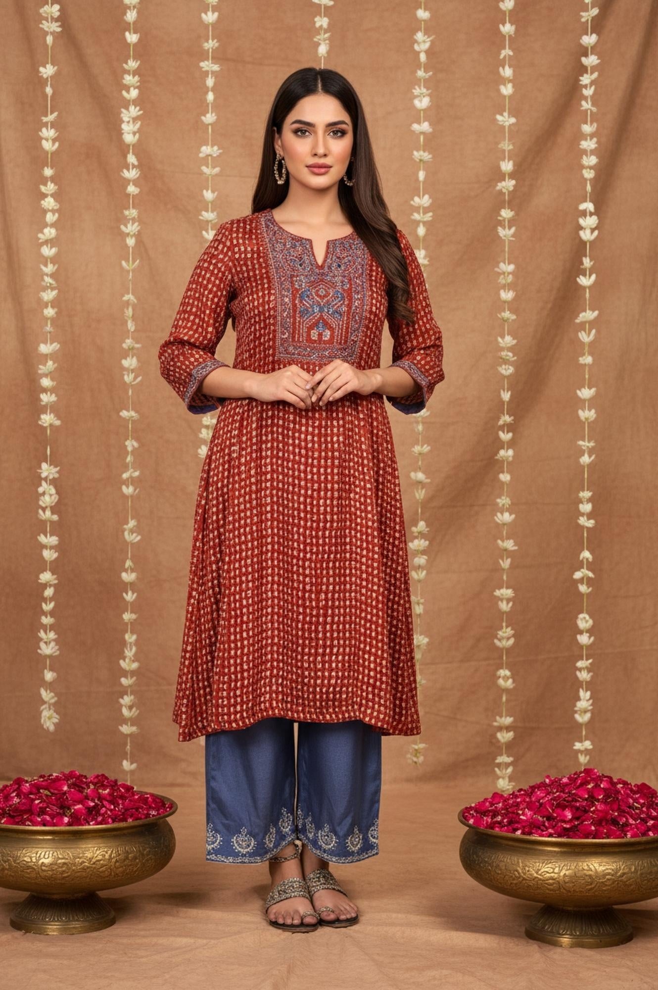 Red Floral Embroidered Straight Modal Satin Kurta