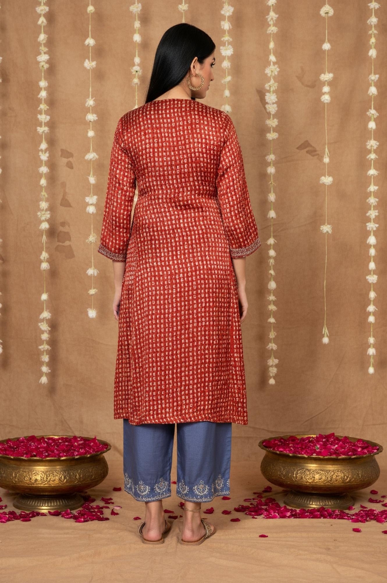 Red Floral Embroidered Straight Modal Satin Kurta