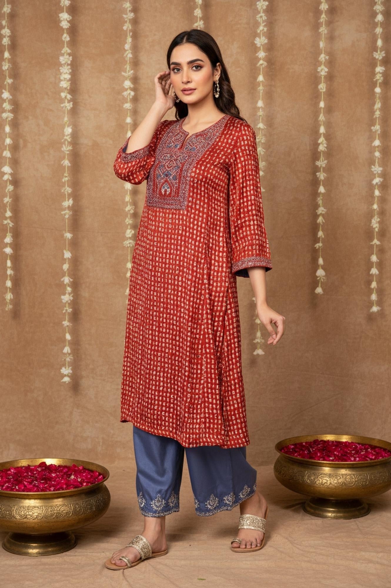 Red Floral Embroidered Straight Modal Satin Kurta