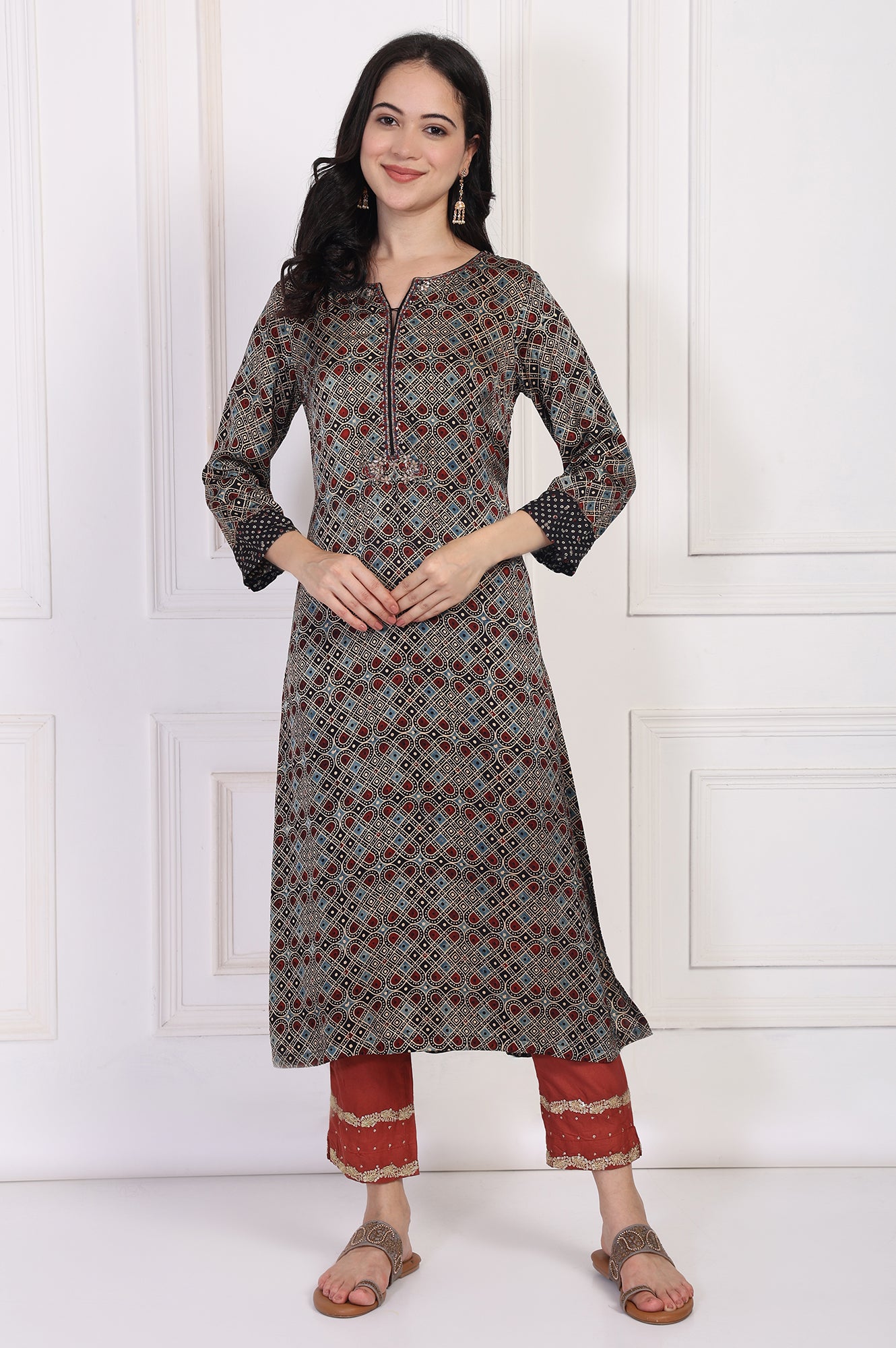Black Geometric Printed Embellished A-Line Satin Kurta