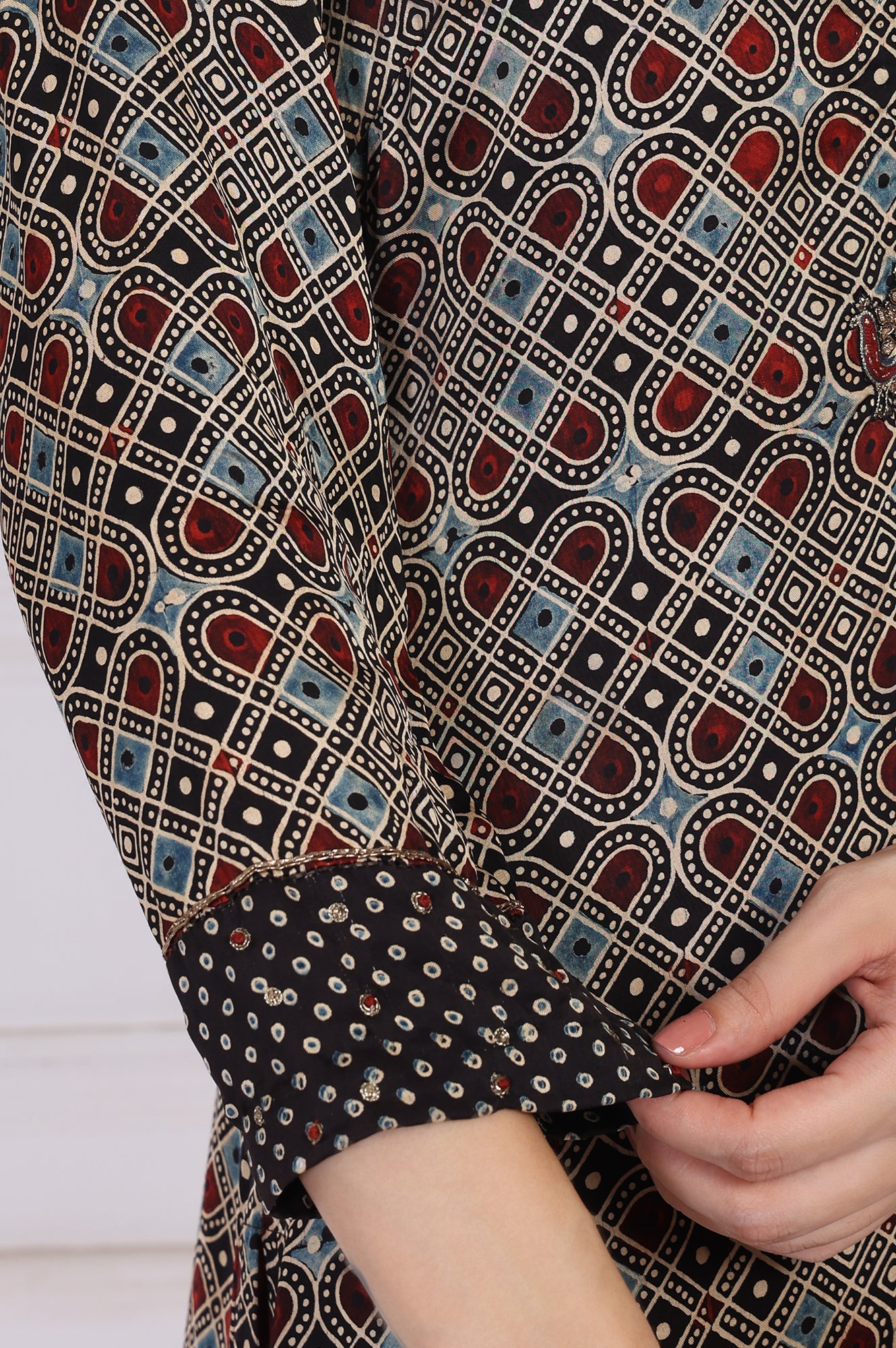 Black Geometric Printed Embellished A-Line Satin Kurta