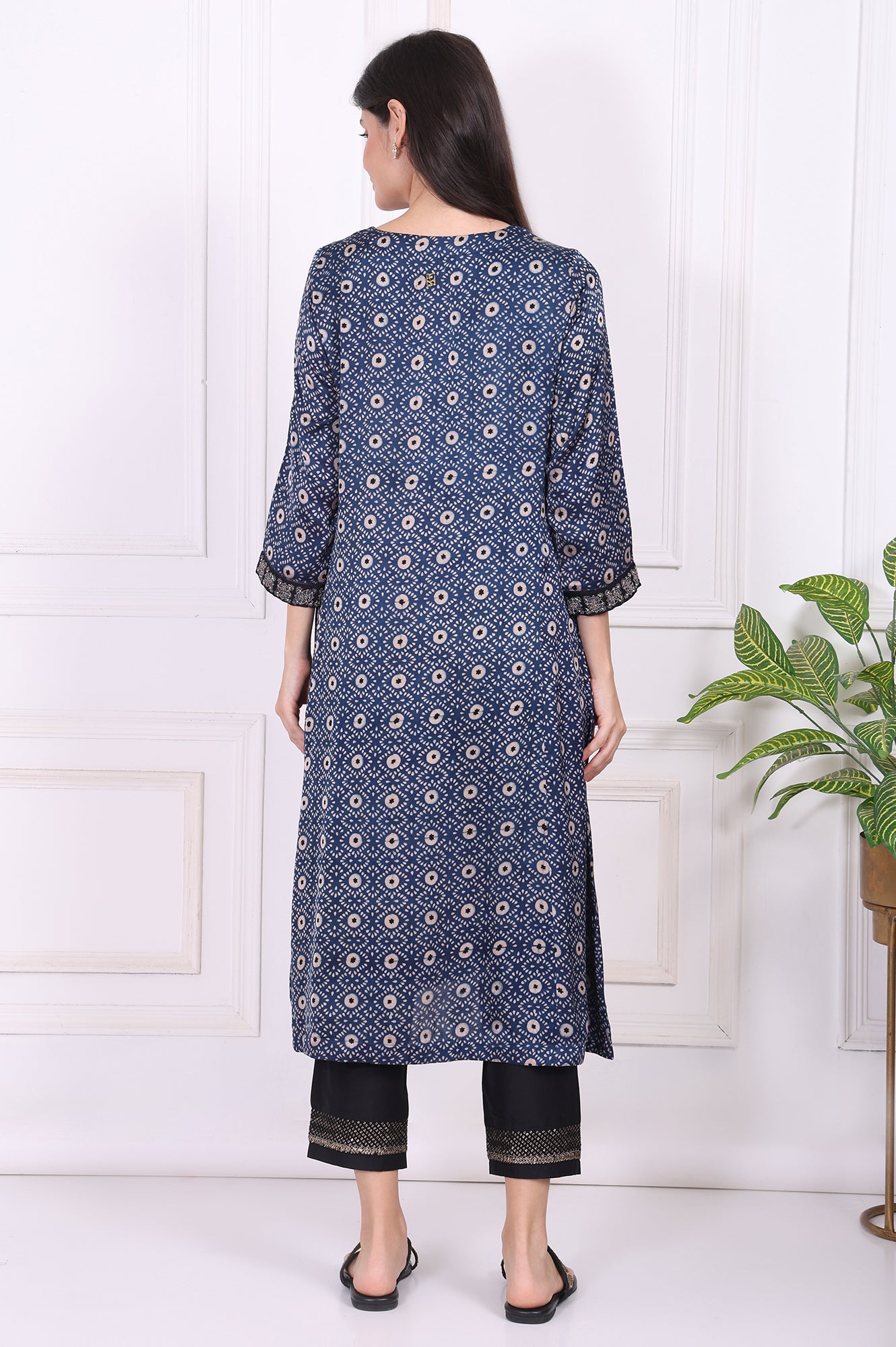Navy Blue Geometric Printed Embroidered Modal Satin Straight Kurta
