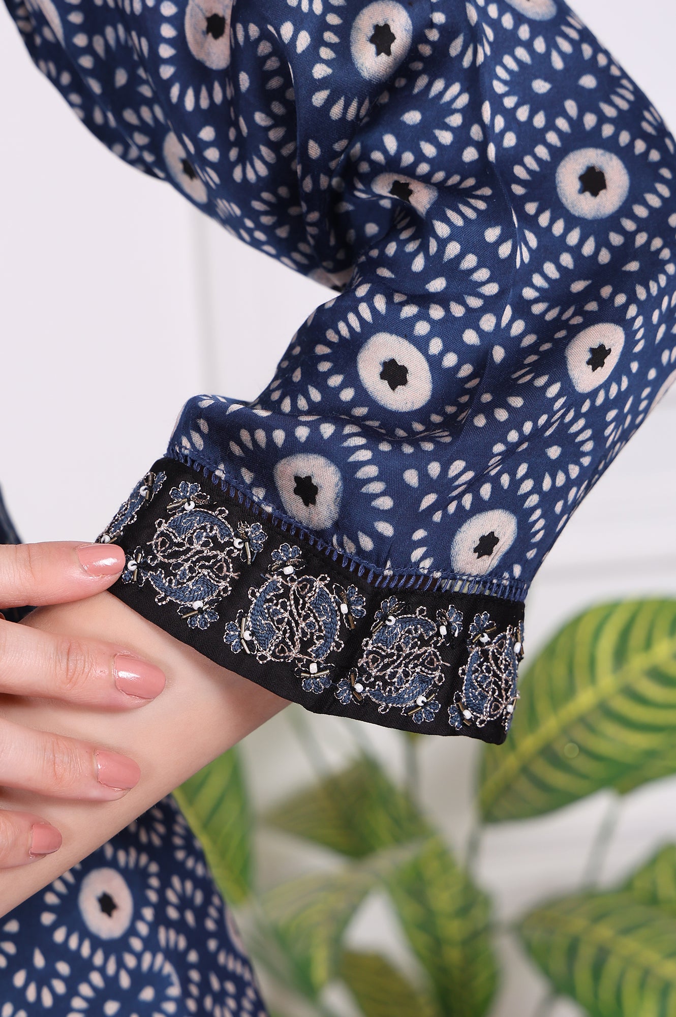 Navy Blue Geometric Printed Embroidered Modal Satin Straight Kurta