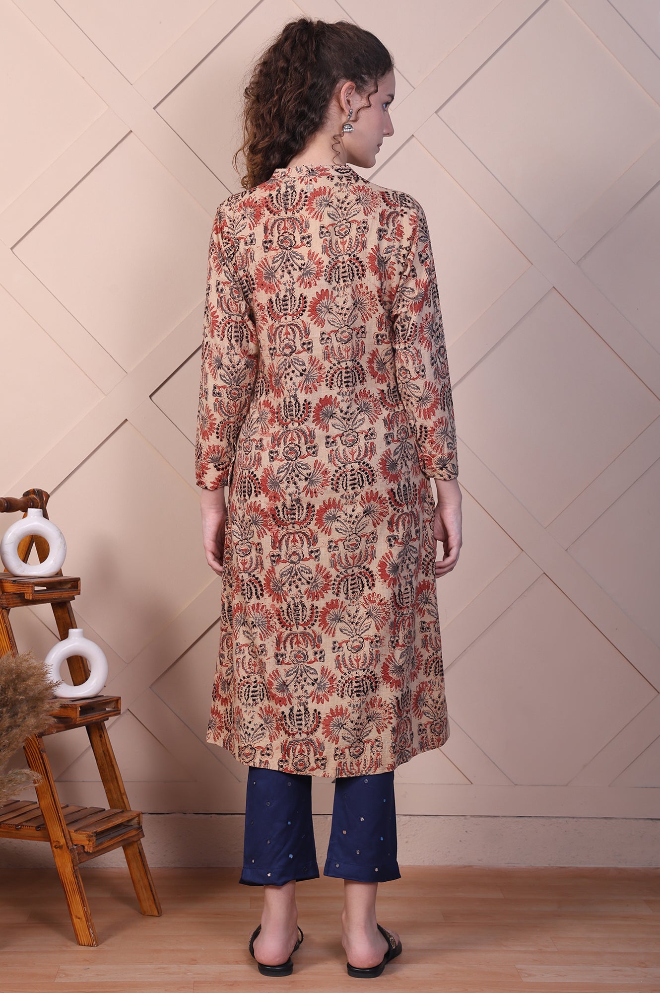 Beige Kalamkari Printed Pure Cotton Straight Kurta