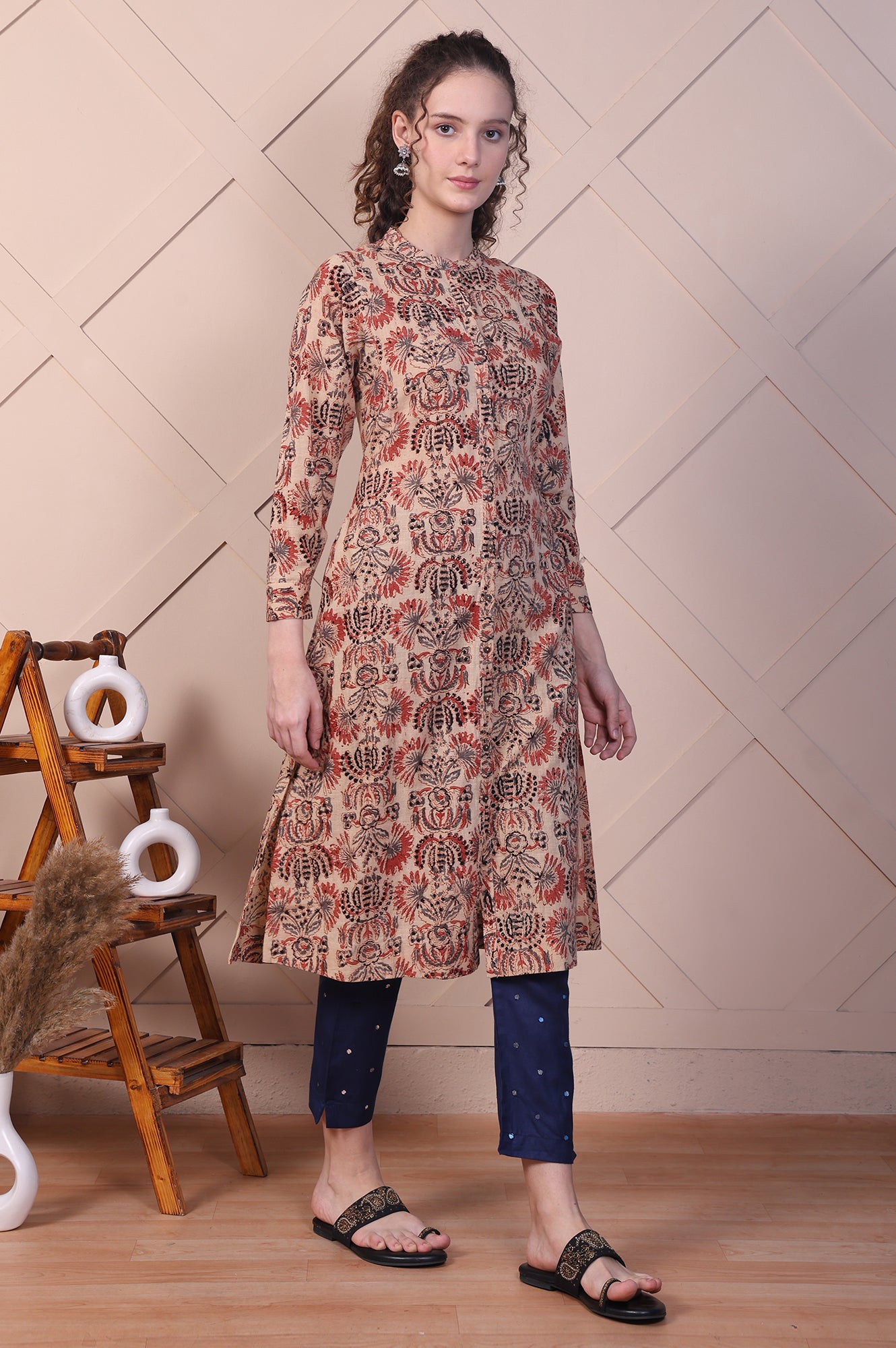 Beige Kalamkari Printed Pure Cotton Straight Kurta