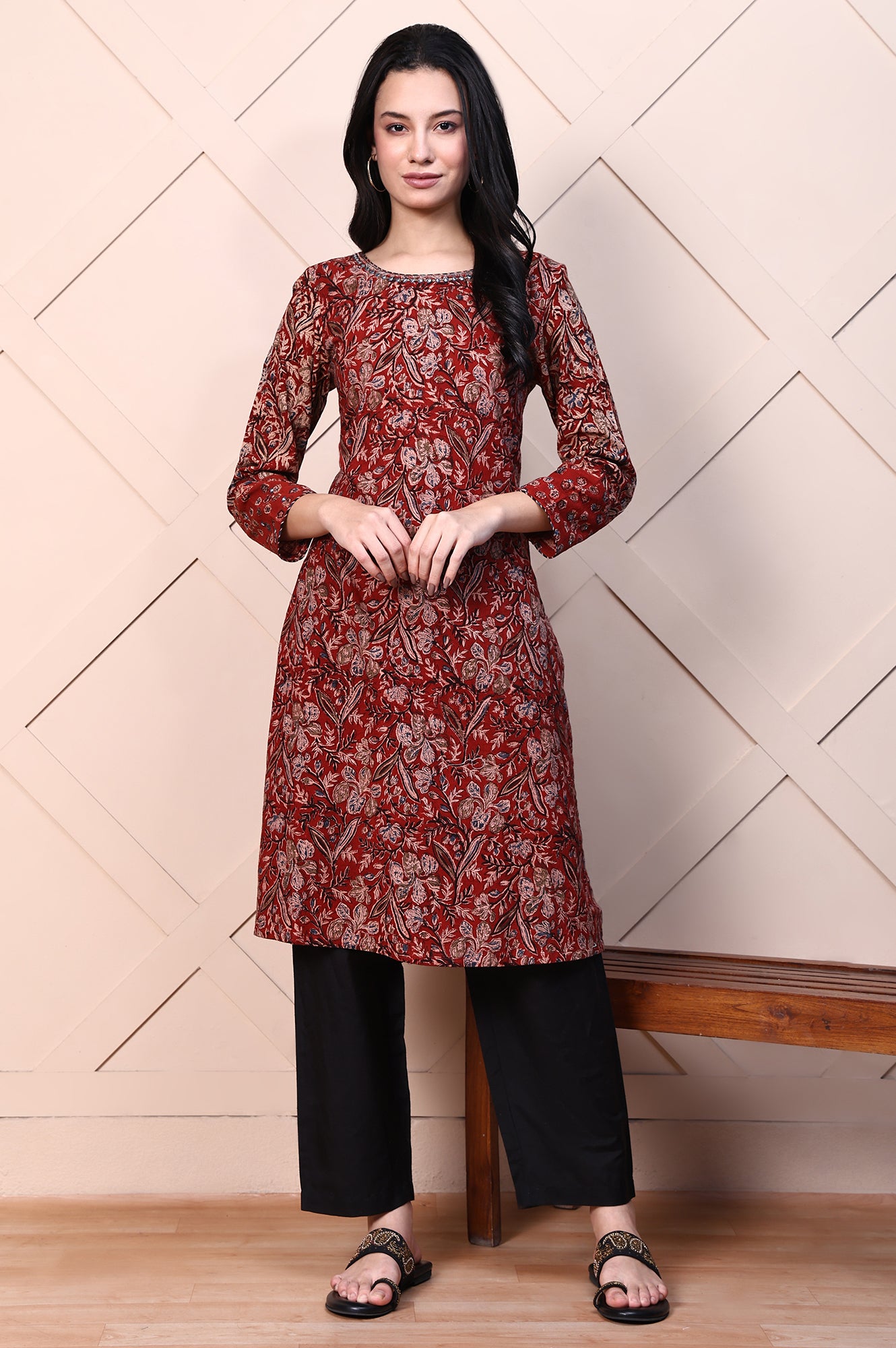 Red Kalamkari Printed Pure Cotton Straight Casual Kurta with Mirror Work