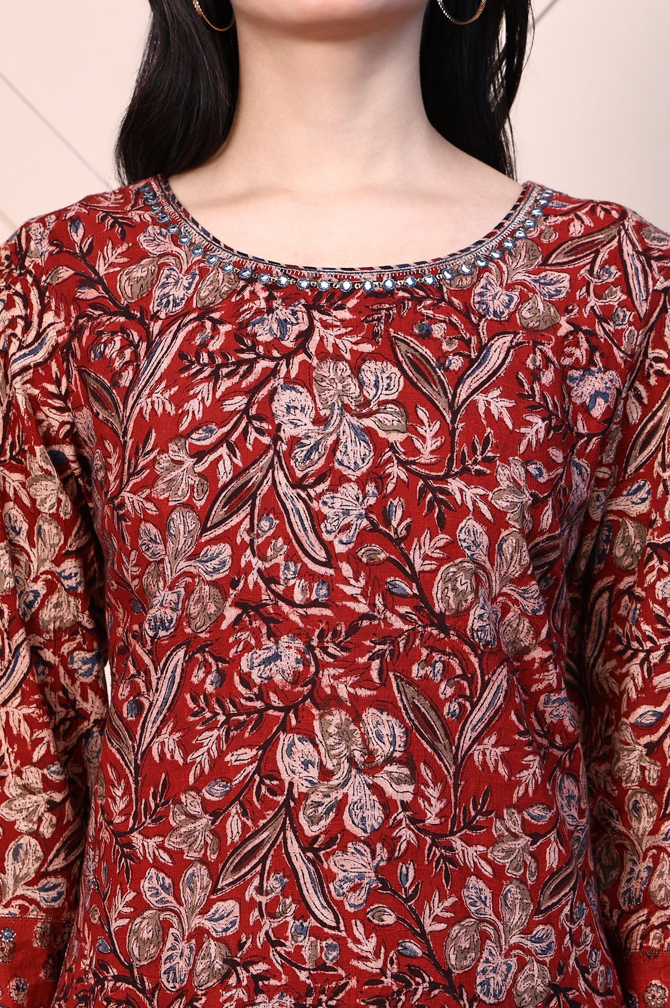 Red Kalamkari Printed Pure Cotton Straight Casual Kurta with Mirror Work