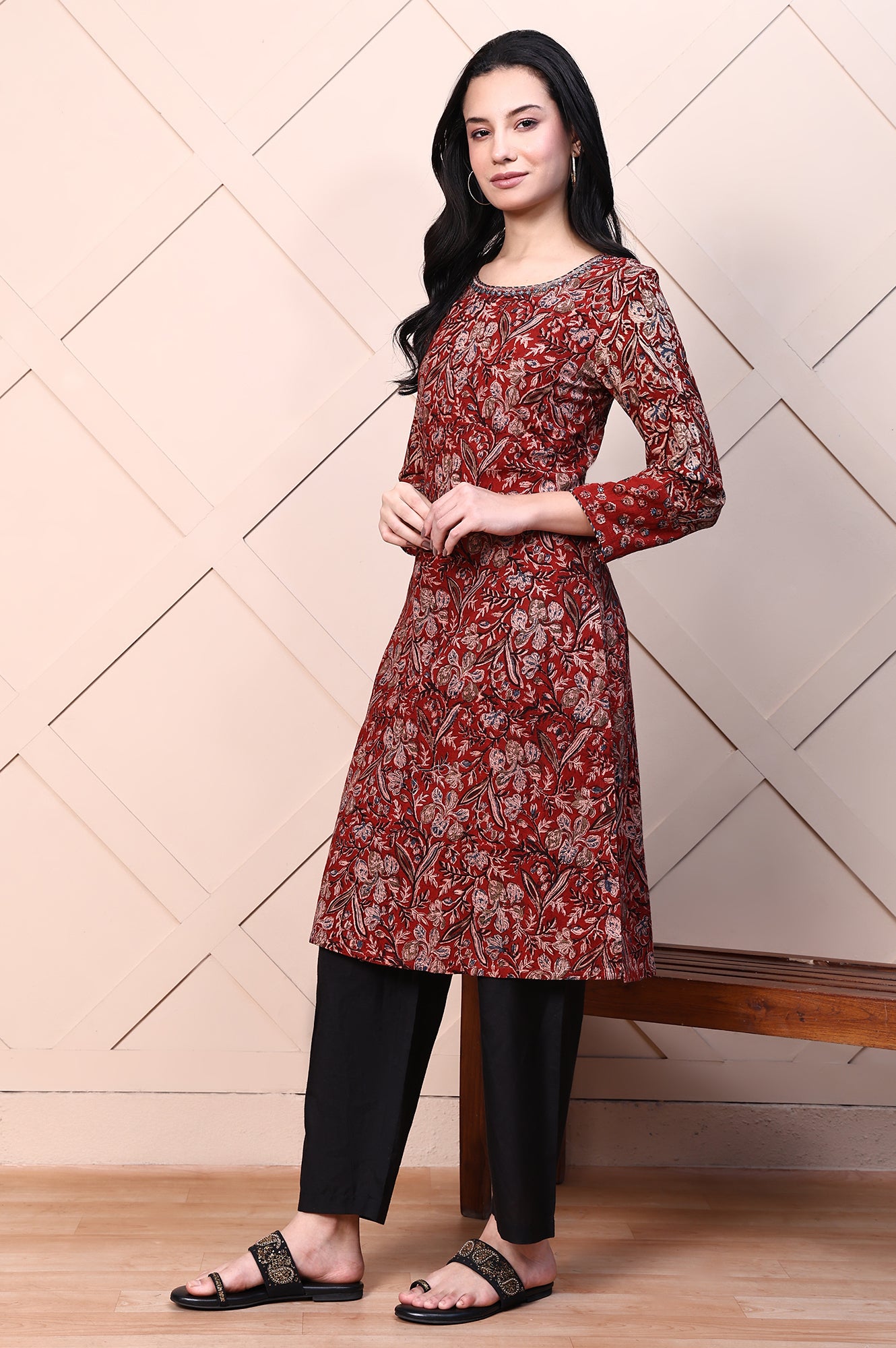 Red Kalamkari Printed Pure Cotton Straight Casual Kurta with Mirror Work