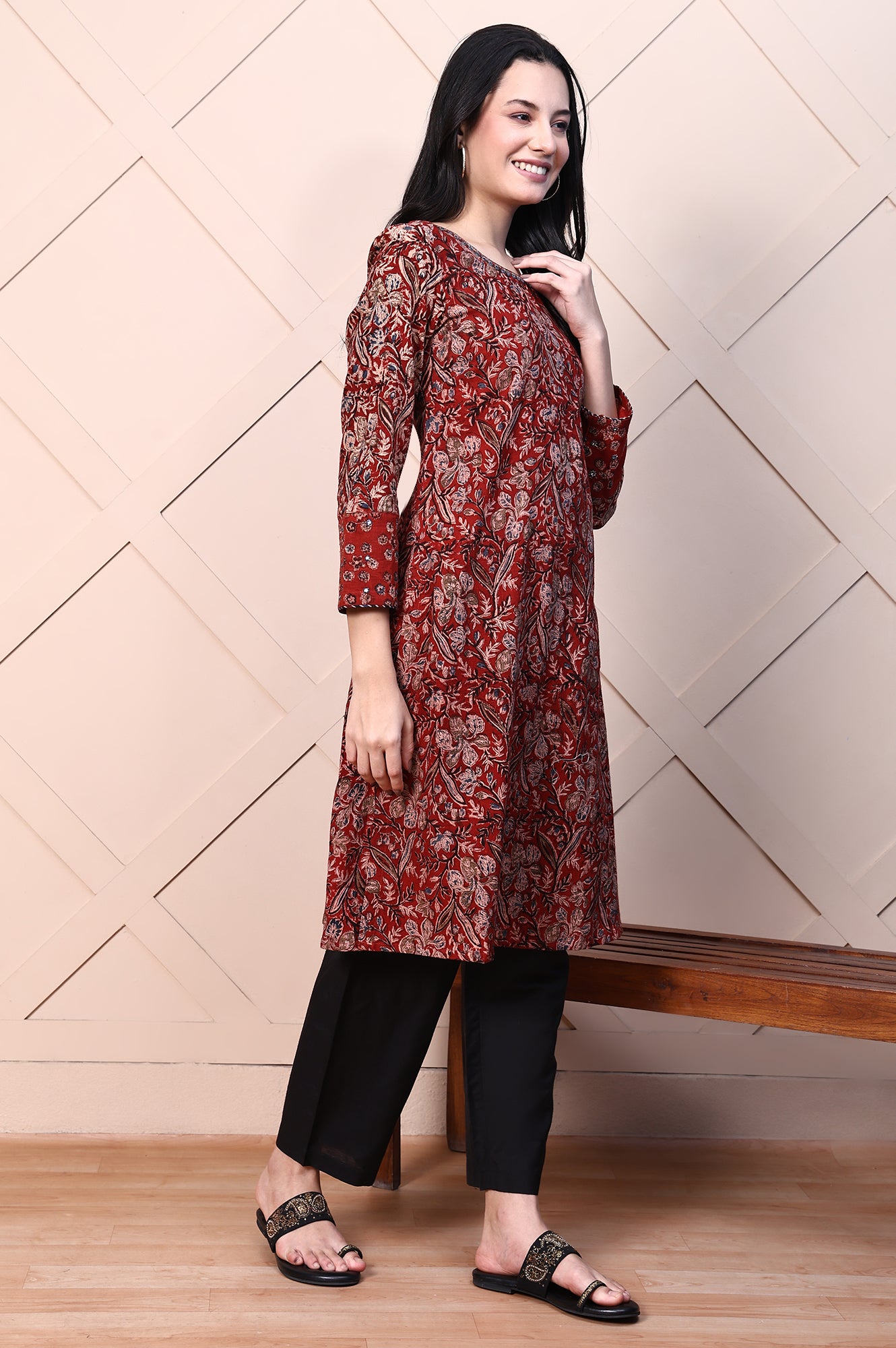 Red Kalamkari Printed Pure Cotton Straight Casual Kurta with Mirror Work