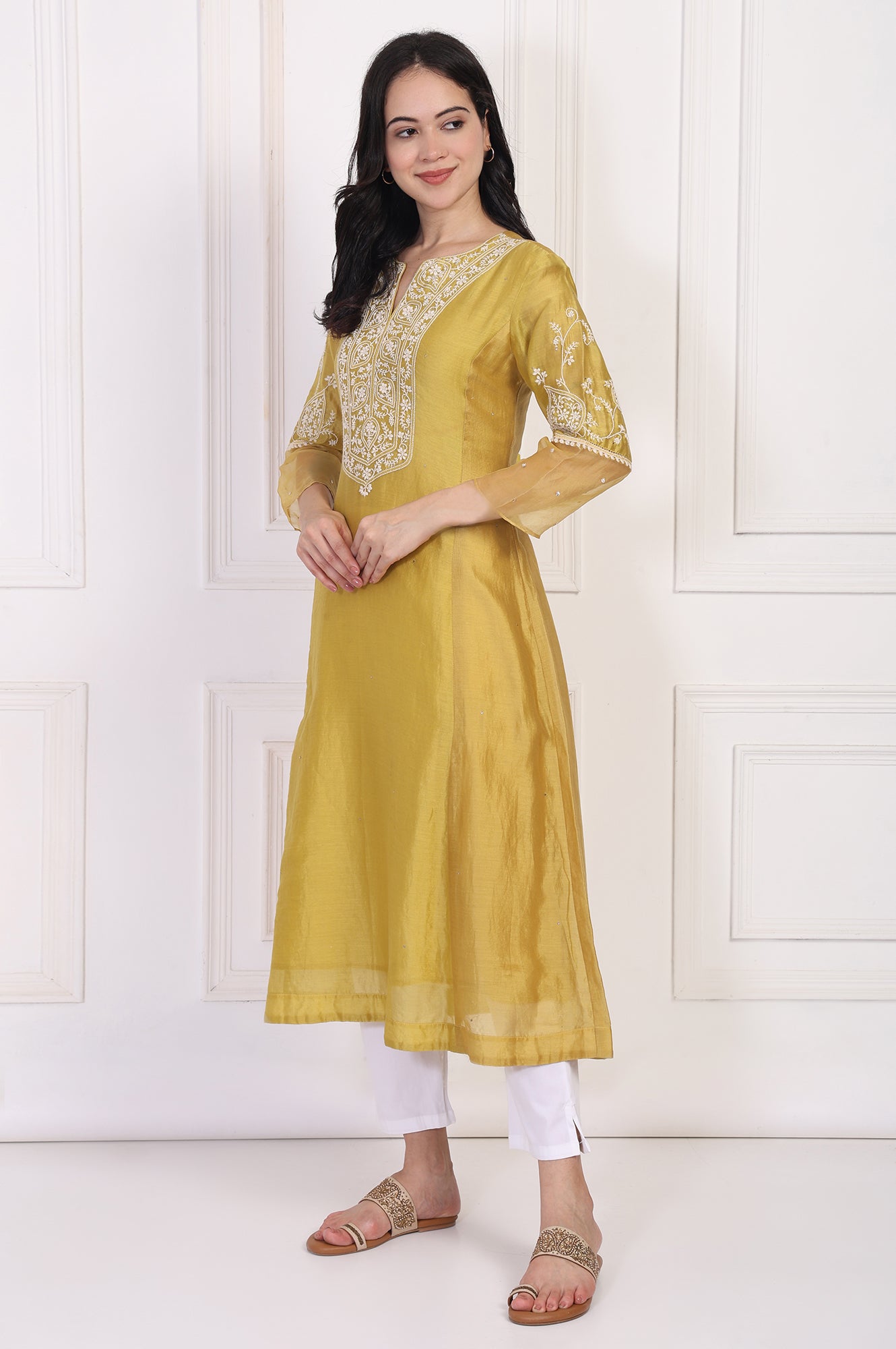 Mustard Embroidered A-Line Cotton Kurta