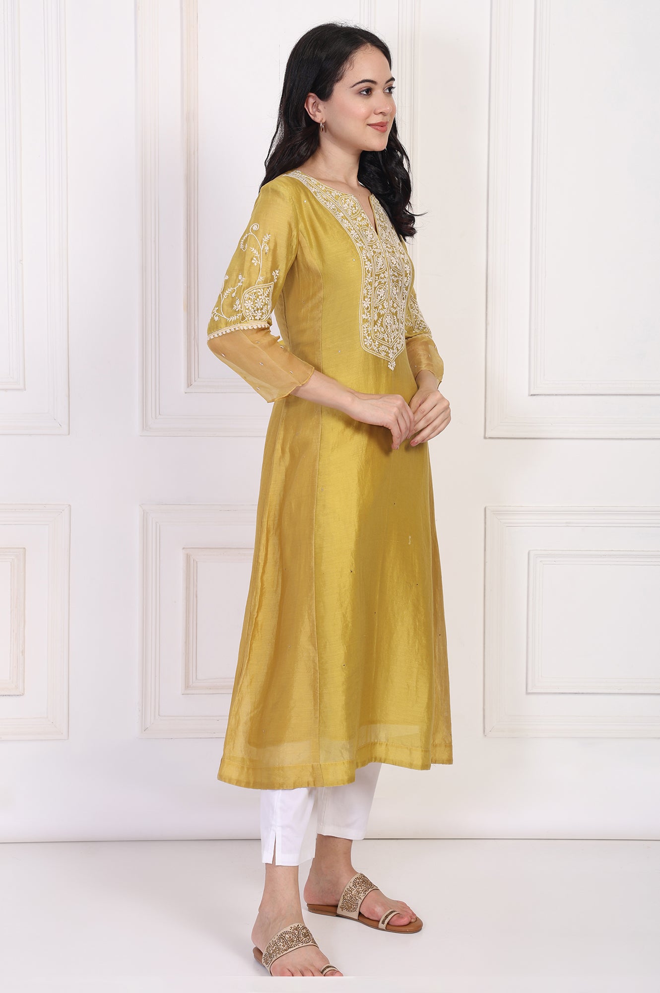 Mustard Embroidered A-Line Cotton Kurta
