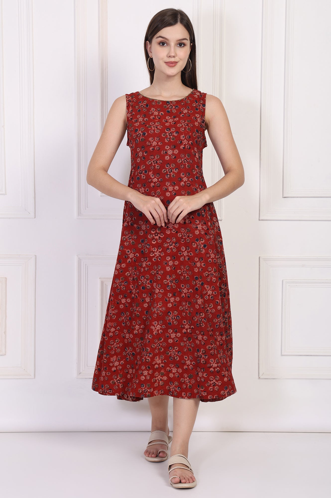 Maroon Floral Printed Cotton A-Line Dress