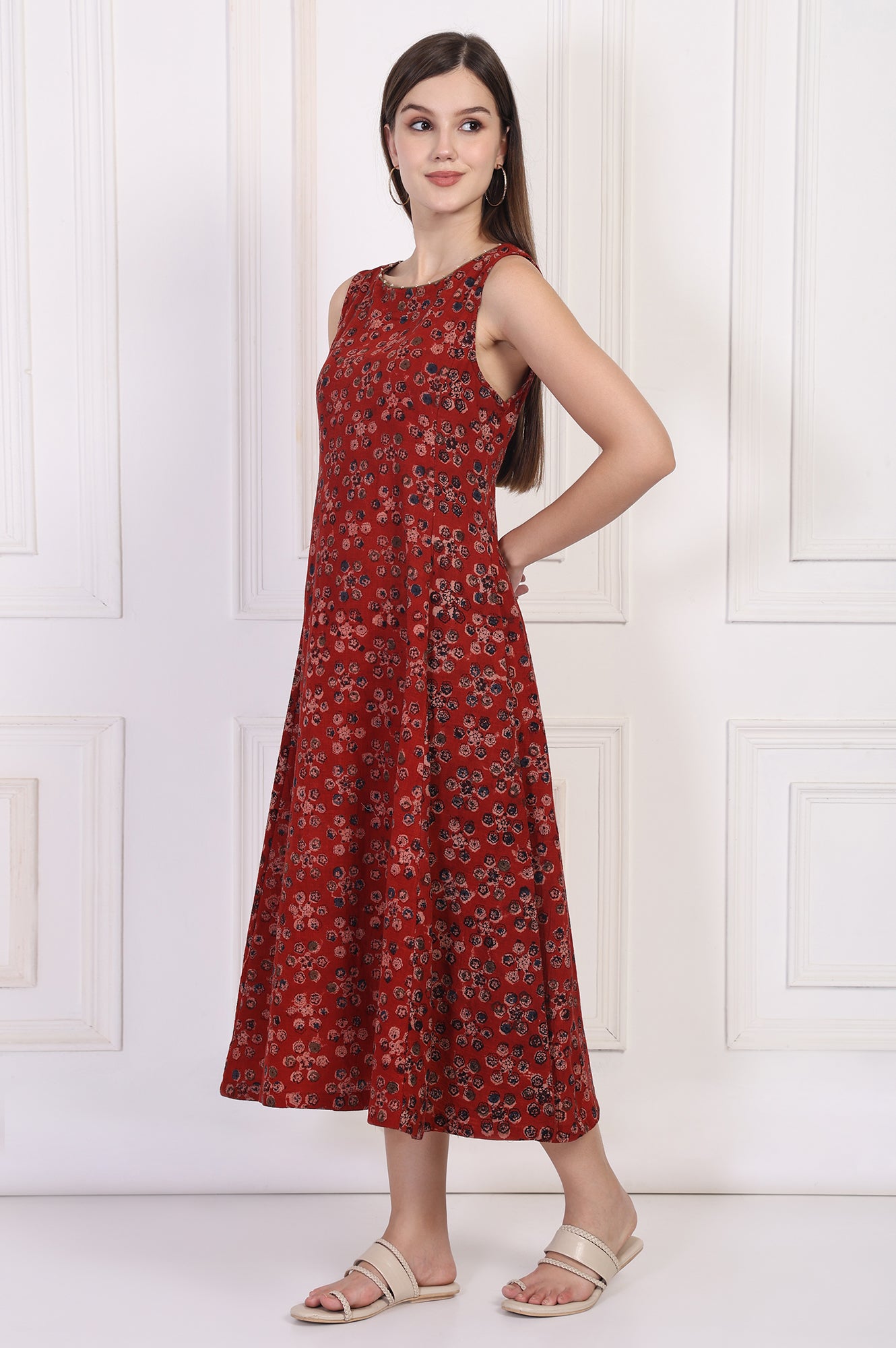 Maroon Floral Printed Cotton A-Line Dress