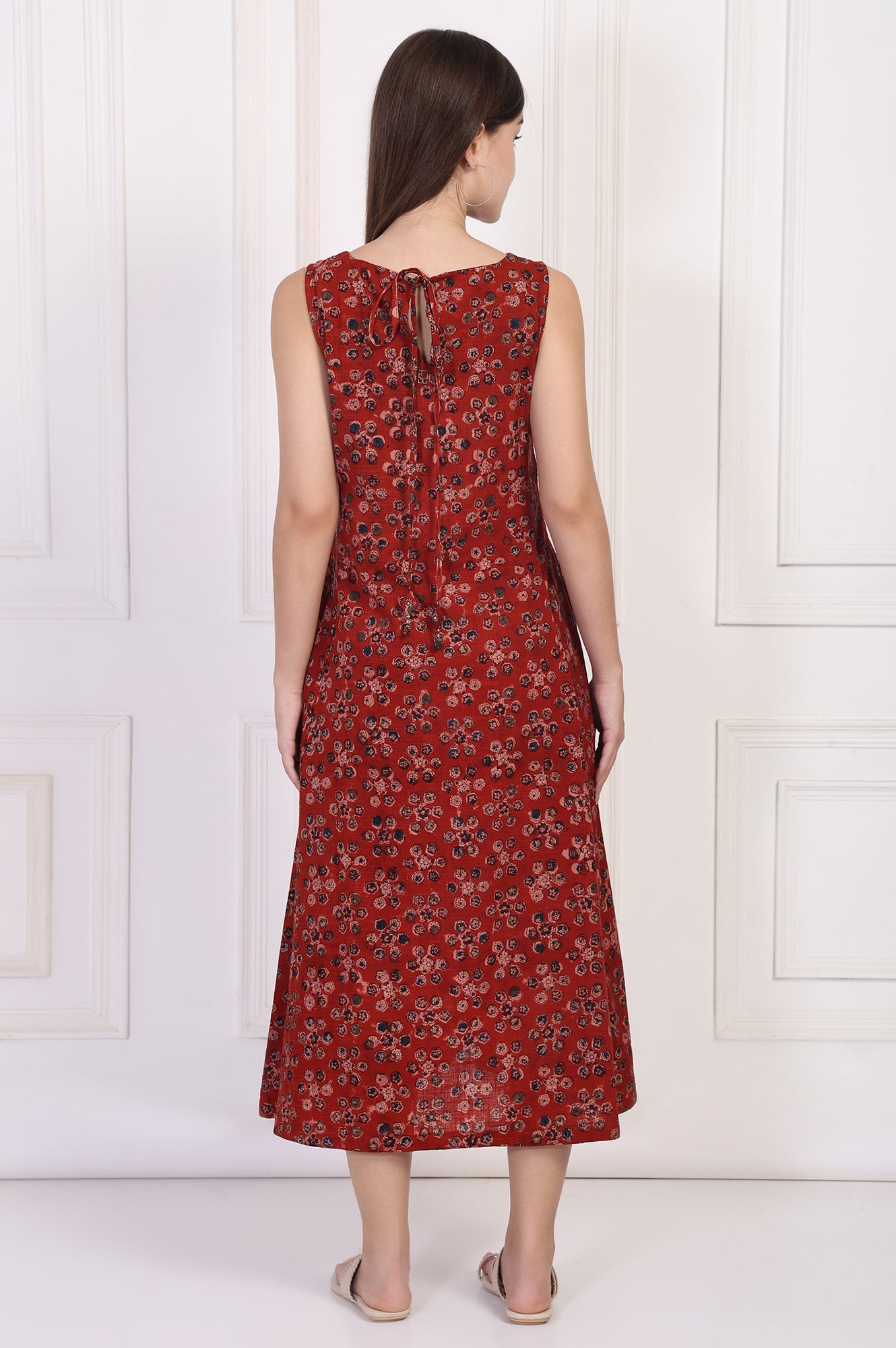 Maroon Floral Printed Cotton A-Line Dress