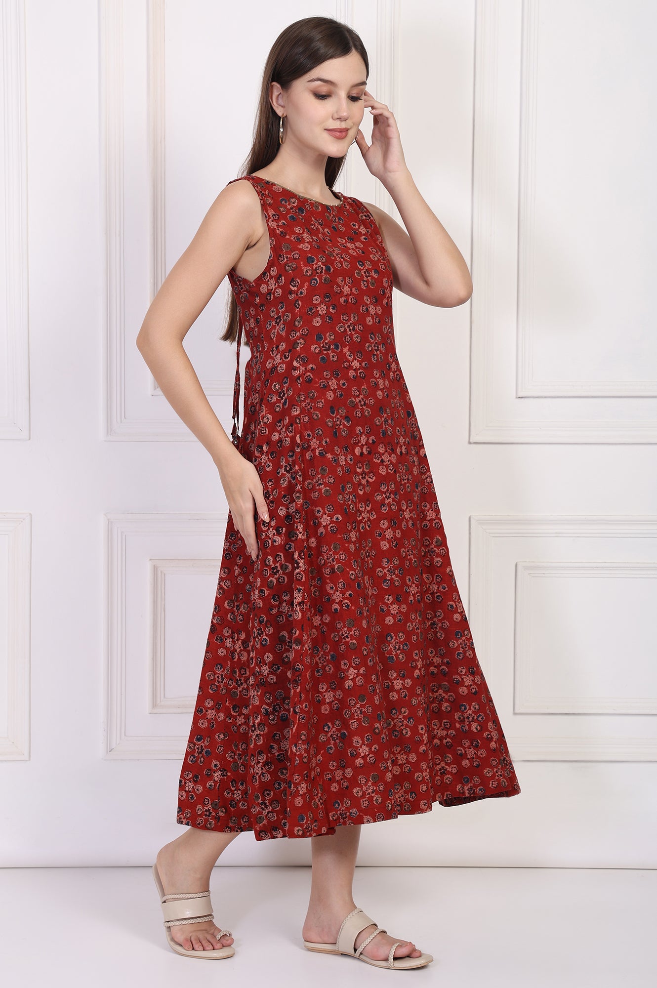 Maroon Floral Printed Cotton A-Line Dress