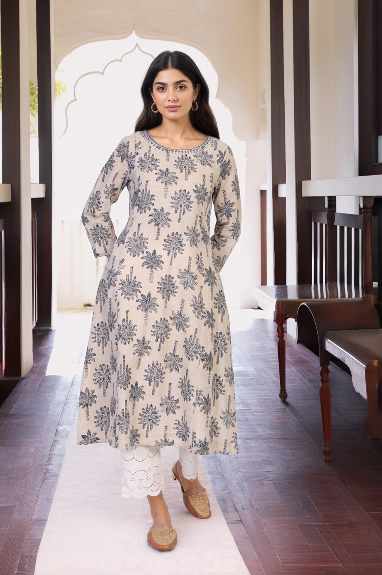 Beige Kalamkari Mirror Work A-Line Cotton Kurta