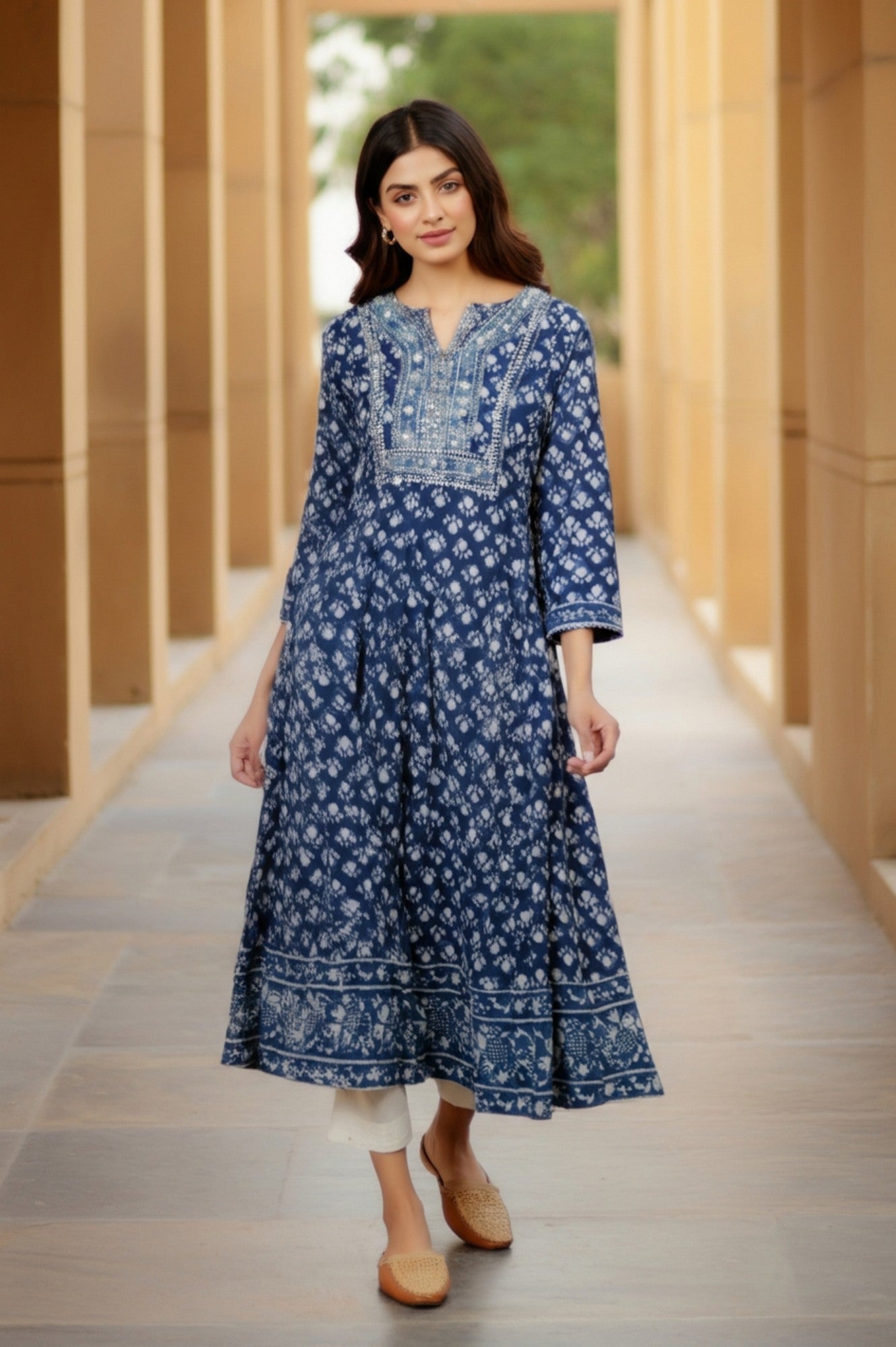 Blue Cotton Embroidered Mirror Work Flared Stitched Kurti Set with Dupatta