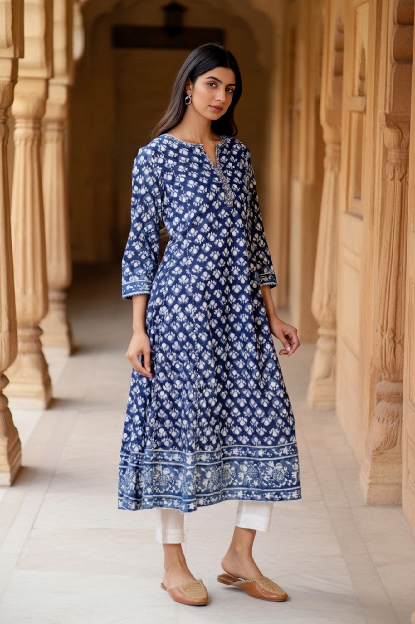 Blue Block Print Mirror Work Flared Cotton Kurta
