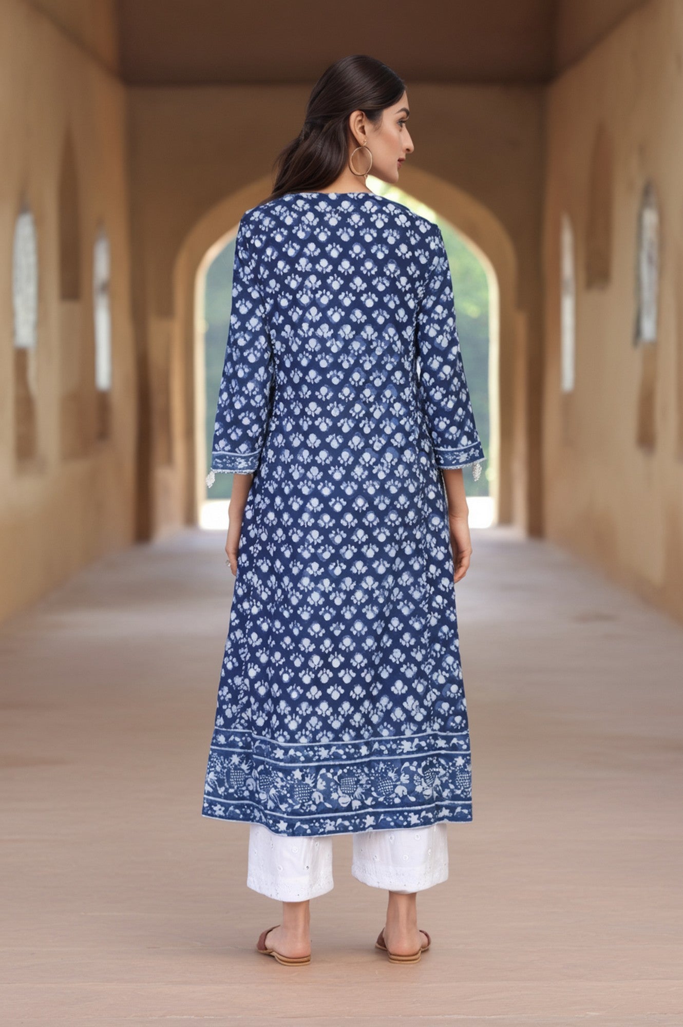 Blue Block Print Mirror Work Flared Cotton Kurta