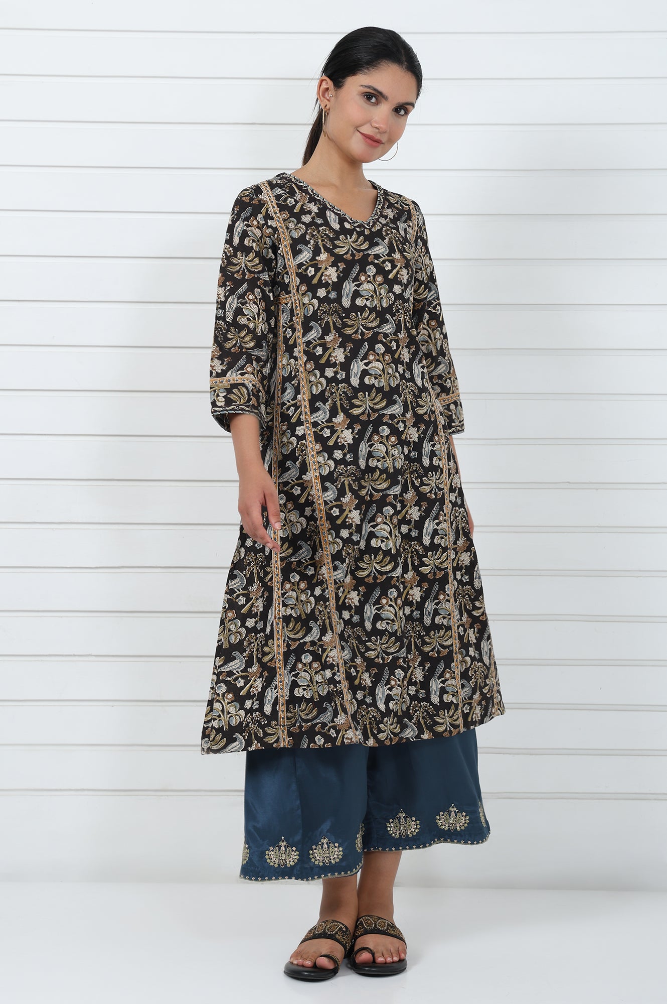 Brown Printed Printed Mirror Work Pure Cotton Flared Kurta