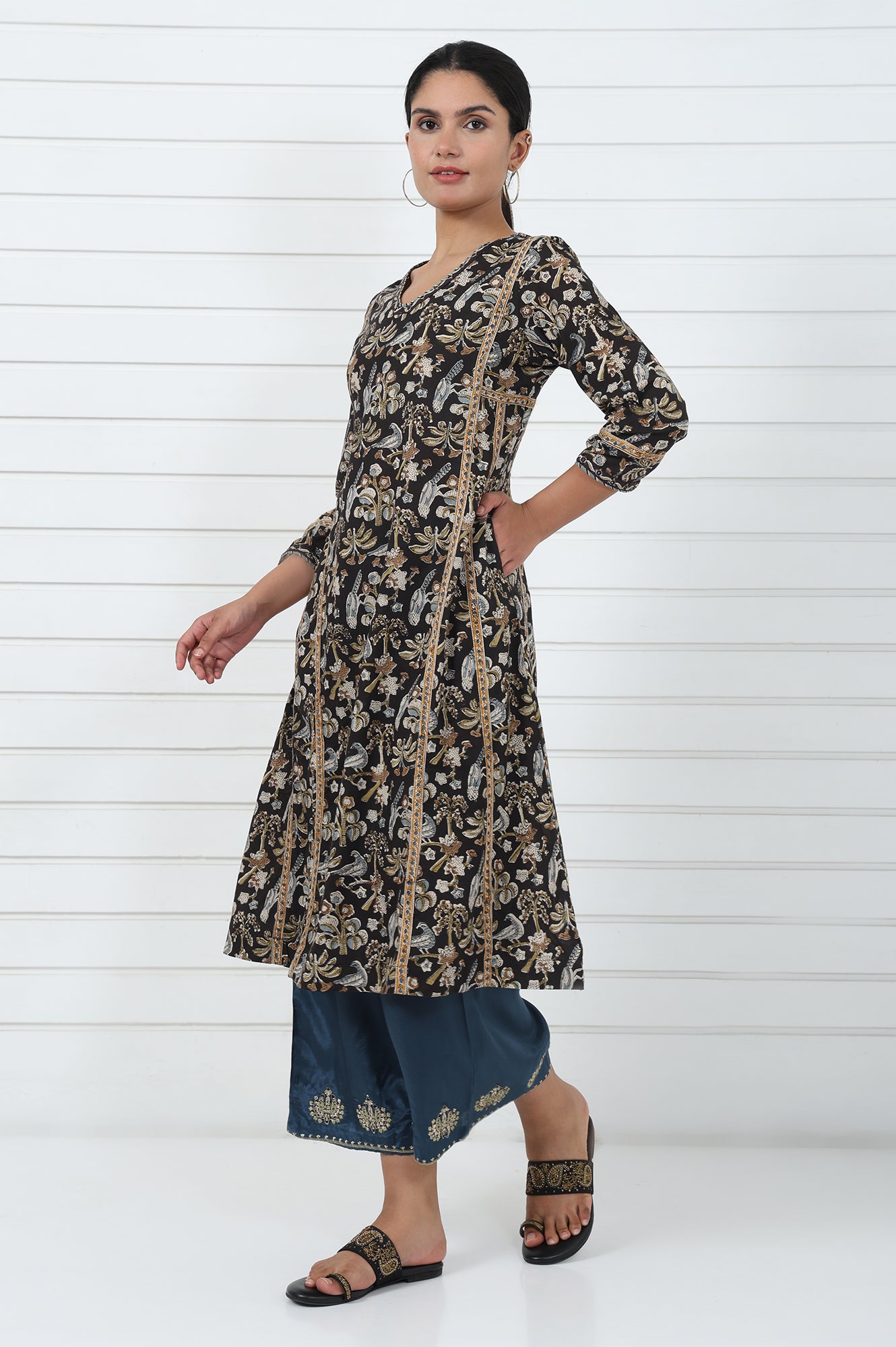 Brown Printed Printed Mirror Work Pure Cotton Flared Kurta