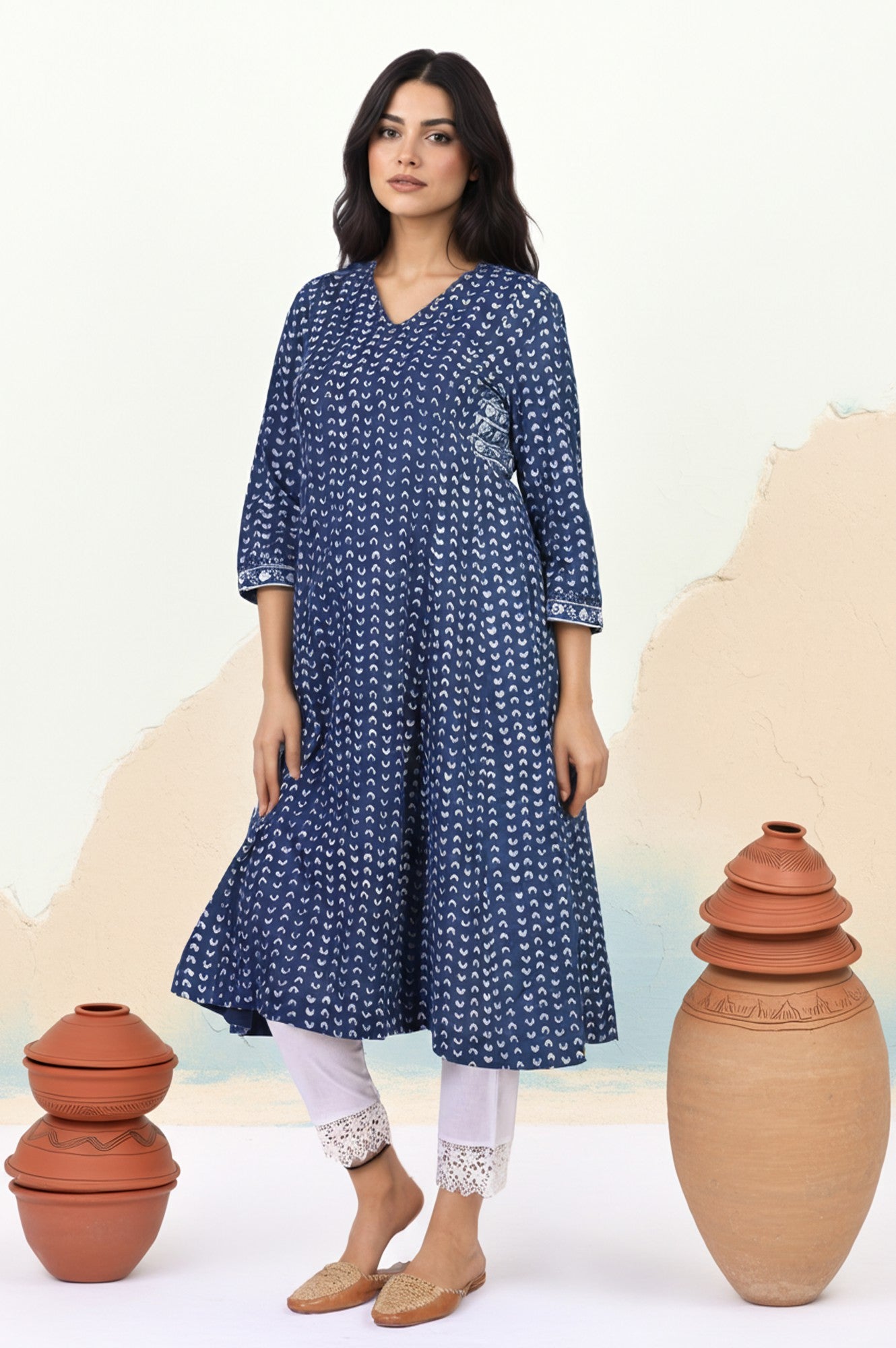 Blue Geometric Dabu Printed Mirror Work A-Line Cotton Kurta