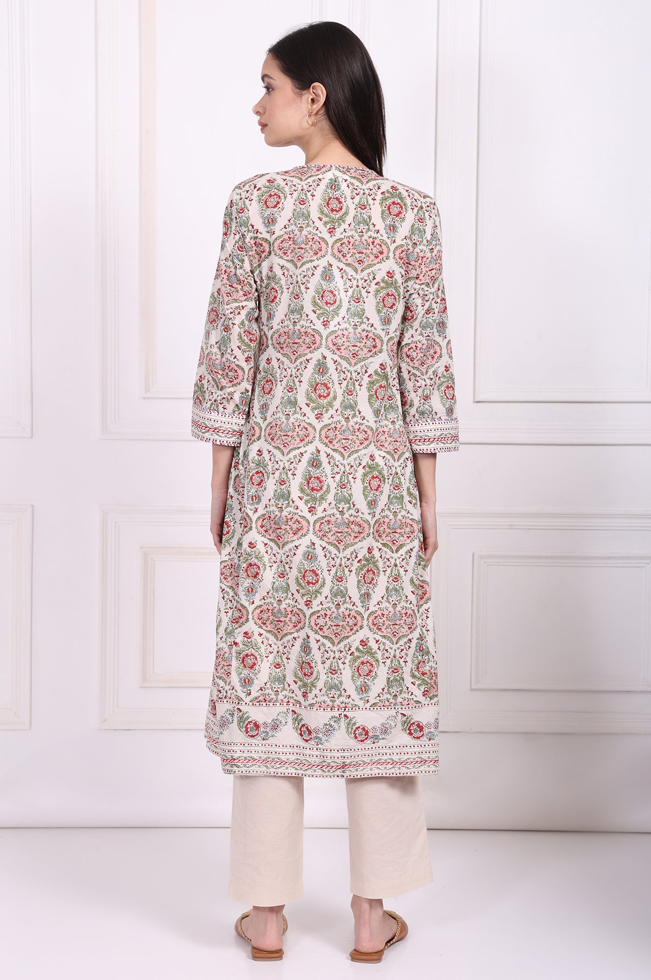 Off-White Floral Printed Pure Cotton Straight Kurta