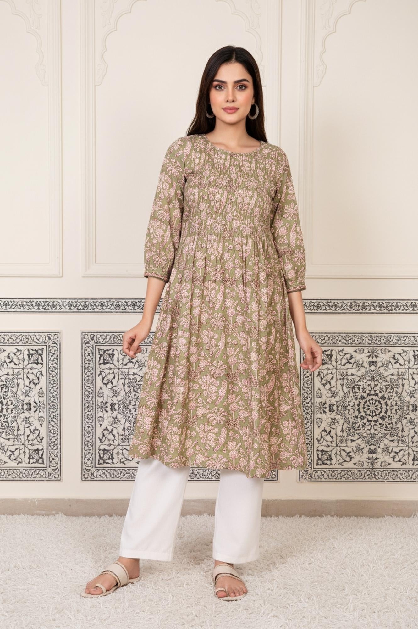 Green Floral Printed Pleated A-Line Cotton Kurta