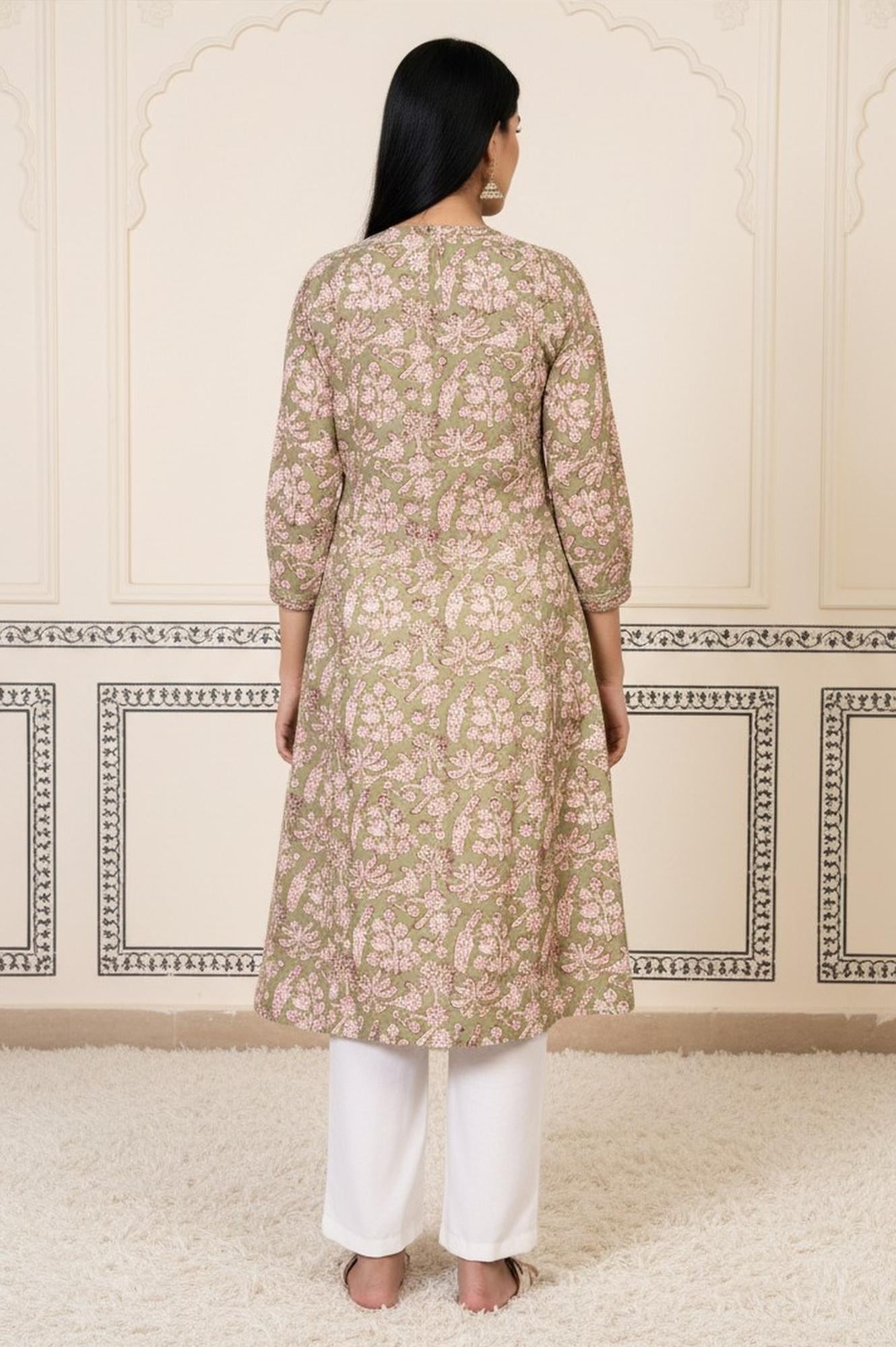 Green Floral Printed Pleated A-Line Cotton Kurta