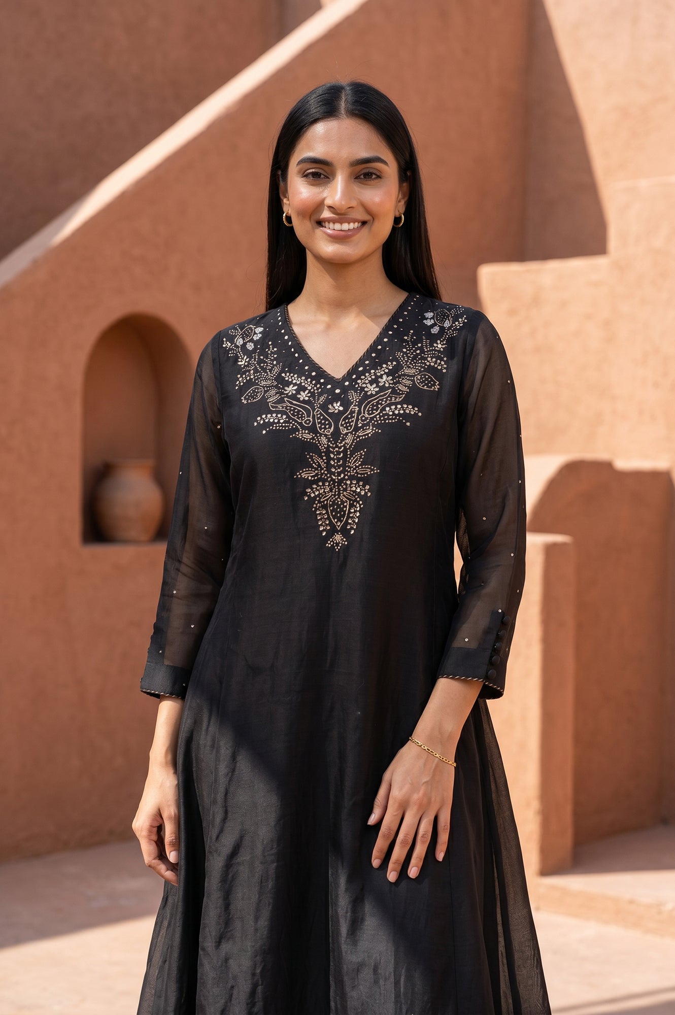 Black Embellished Cotton Silk Flared Kurta
