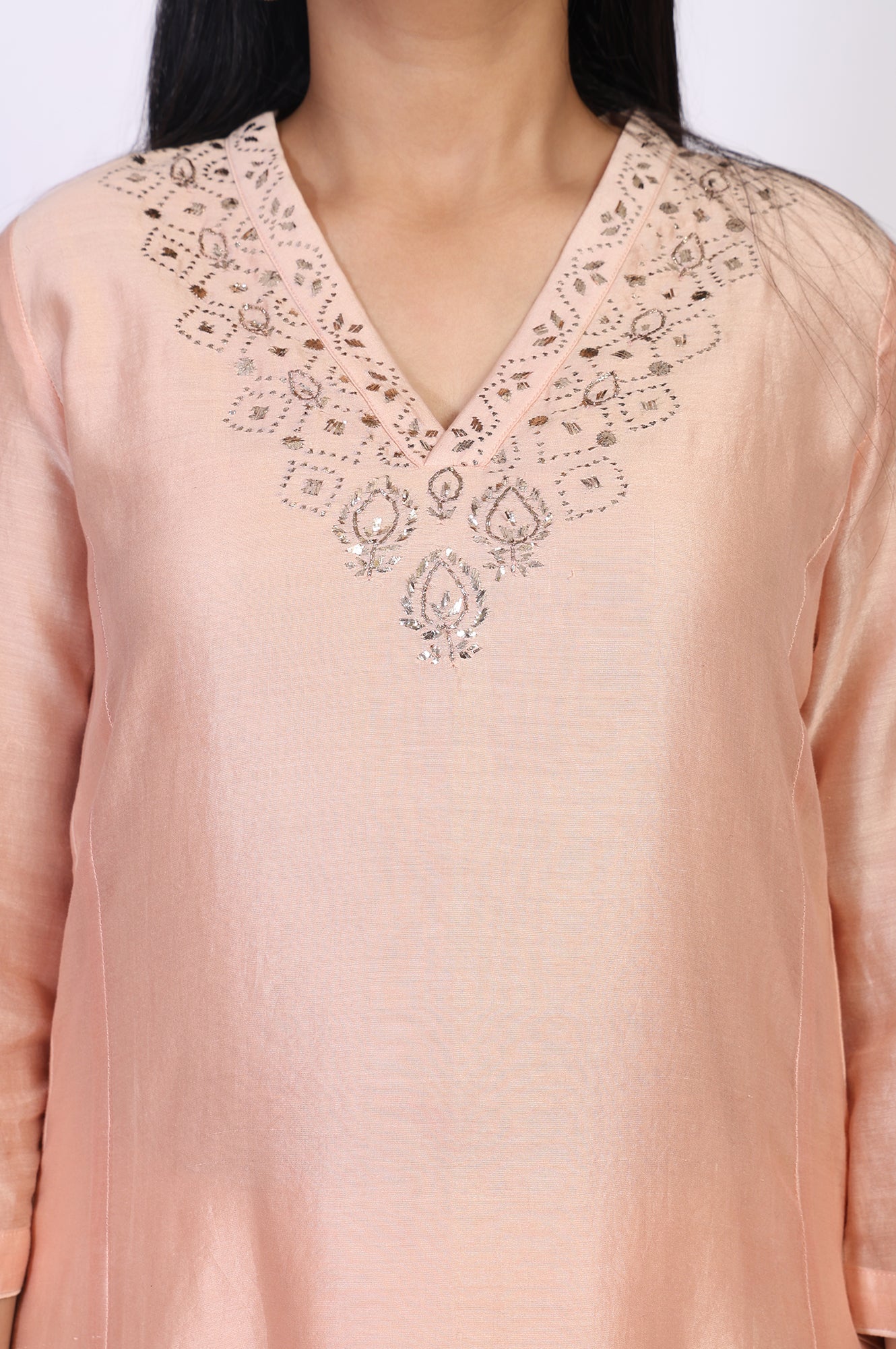 Peach Embroidered A-Line Cotton Kurta
