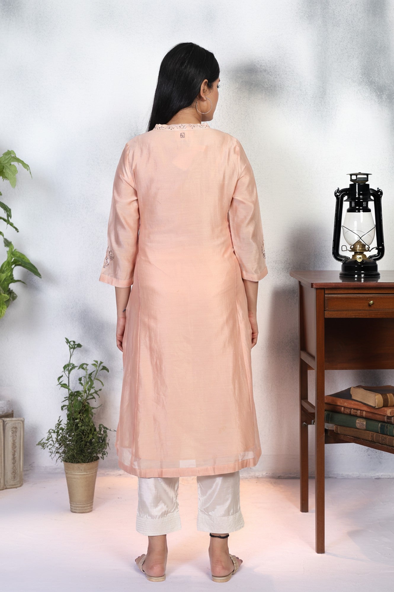Peach Embroidered A-Line Cotton Kurta