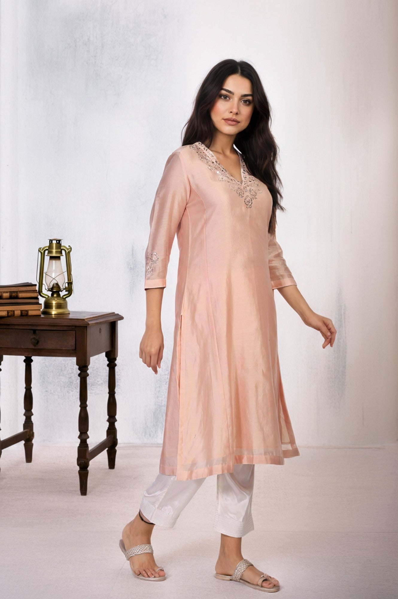 Peach Embroidered A-Line Cotton Kurta